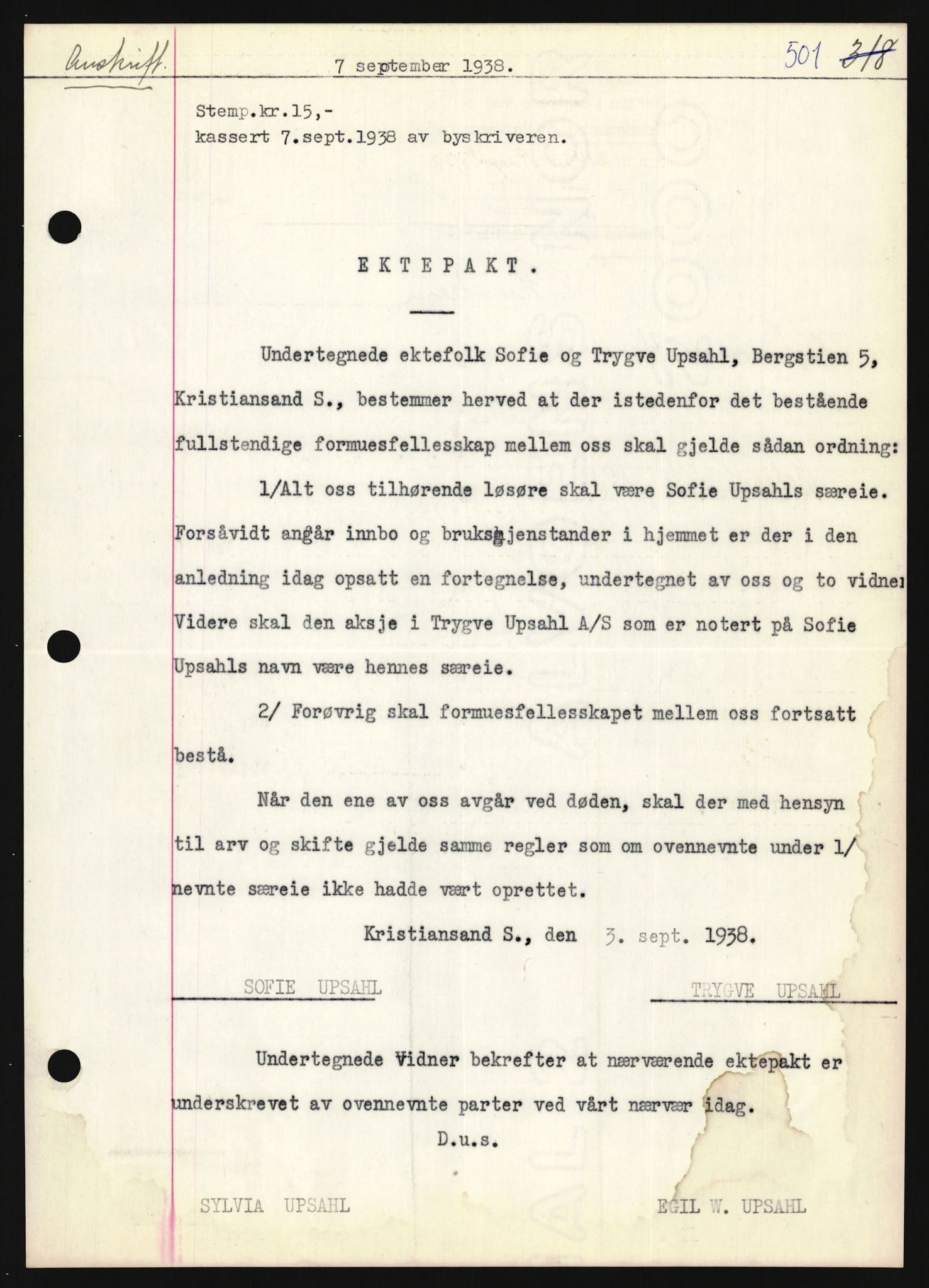Oslo byskriverembete, AV/SAO-A-10227/2/G/Gb/L0046: Tinglyste ektepakter, Vest-Agder, bind 1-2, 1927-1950