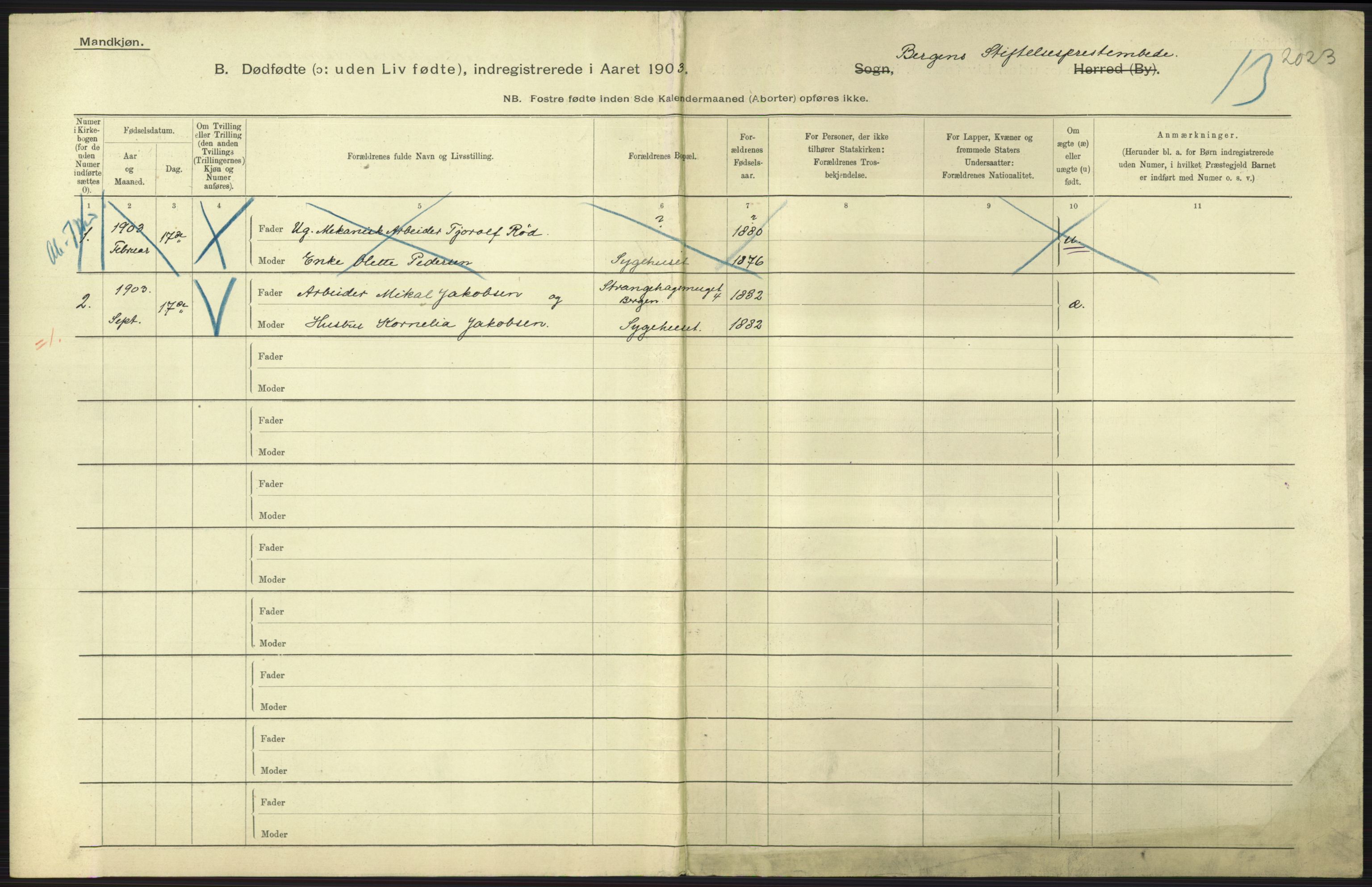 Statistisk sentralbyrå, Sosiodemografiske emner, Befolkning, AV/RA-S-2228/D/Df/Dfa/Dfaa/L0026: Smålenenes - Finnmarkens amt: Dødfødte. Byer., 1903, p. 119