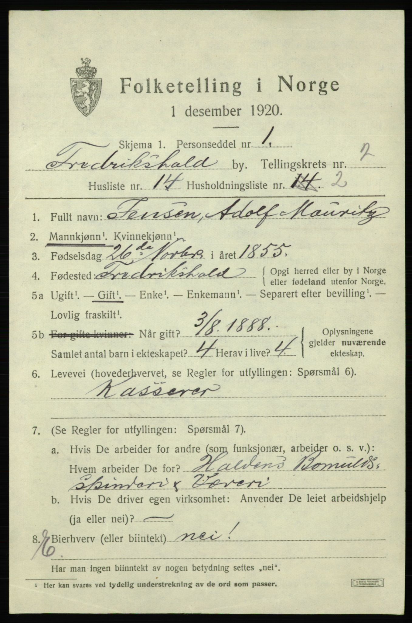 SAO, 1920 census for Fredrikshald, 1920, p. 9578