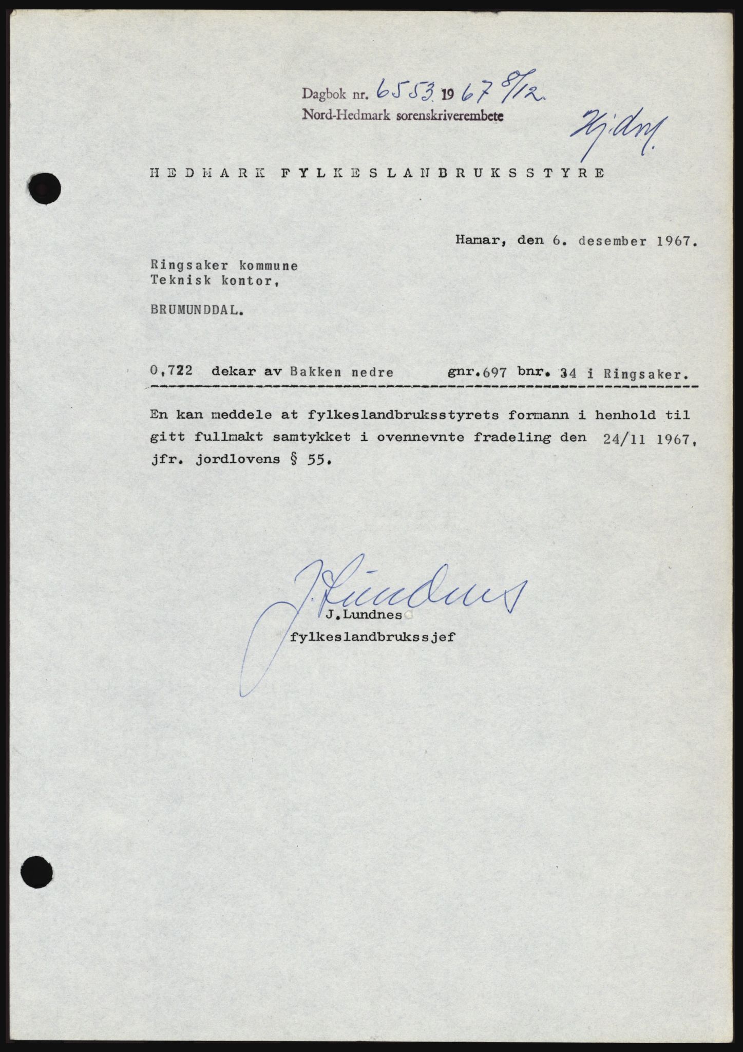 Nord-Hedmark sorenskriveri, SAH/TING-012/H/Hc/L0027: Mortgage book no. 27, 1967-1968, Diary no: : 6553/1967