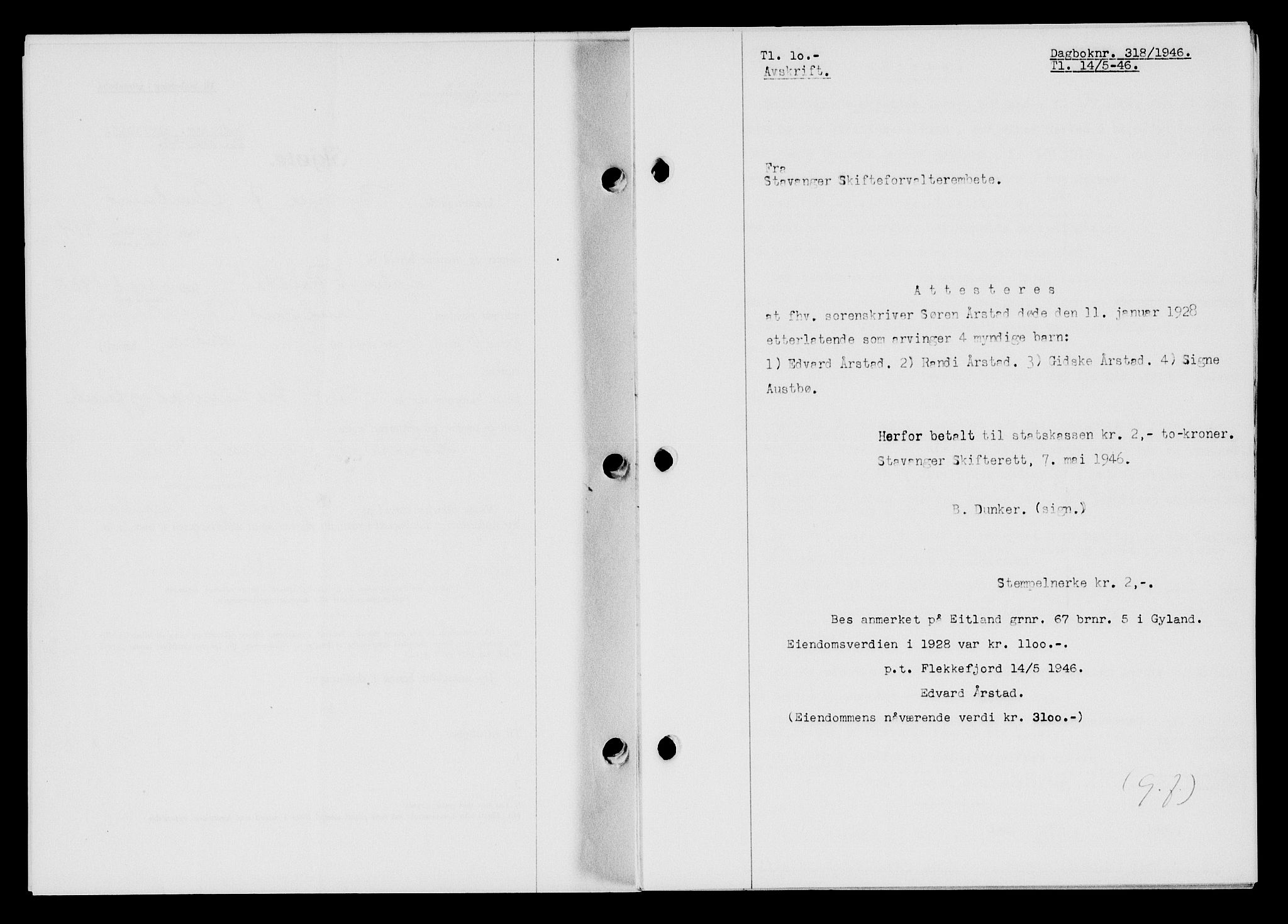 Flekkefjord sorenskriveri, AV/SAK-1221-0001/G/Gb/Gba/L0060: Mortgage book no. A-8, 1945-1946, Diary no: : 318/1946