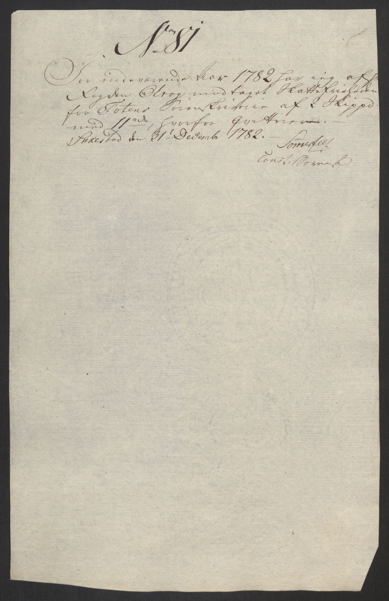 Rentekammeret inntil 1814, Reviderte regnskaper, Fogderegnskap, RA/EA-4092/R19/L1369: Fogderegnskap Toten, Hadeland og Vardal, 1782, p. 271