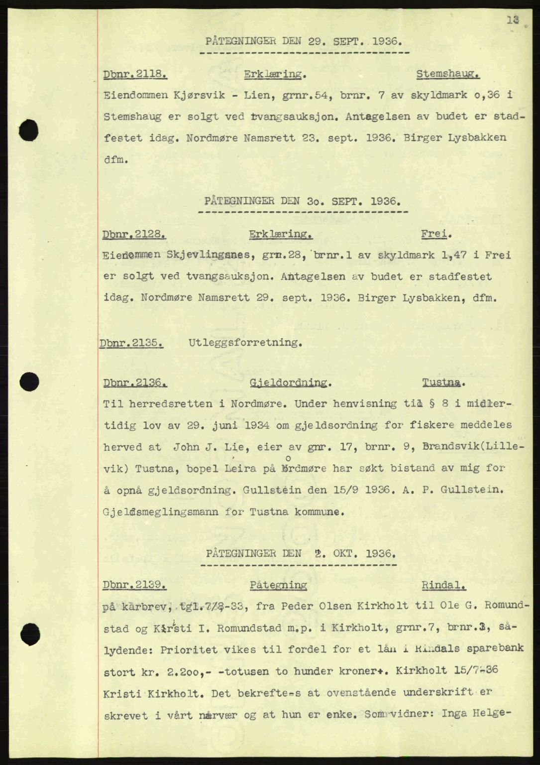 Nordmøre sorenskriveri, AV/SAT-A-4132/1/2/2Ca: Mortgage book no. C80, 1936-1939, Diary no: : 2118/1936