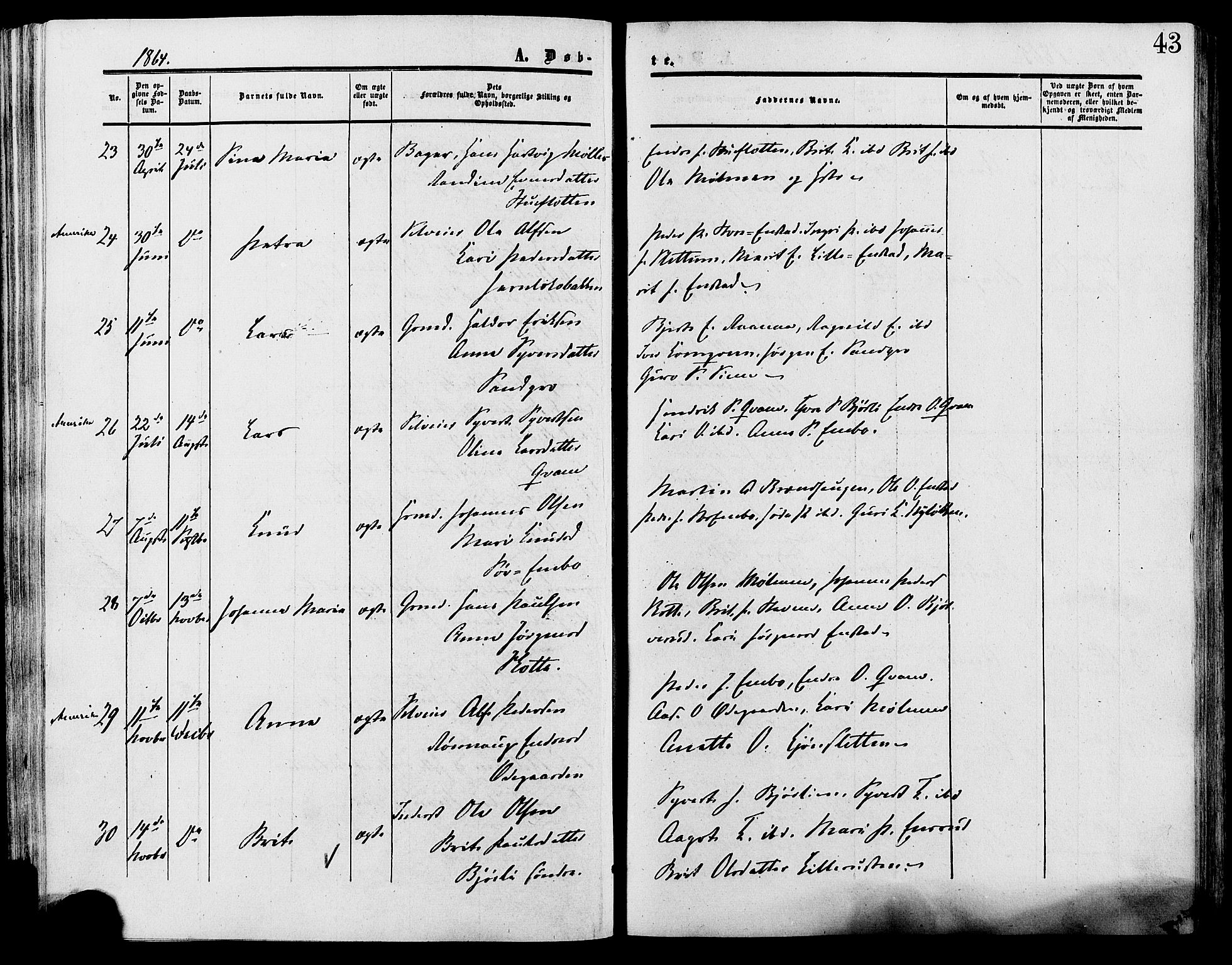 Lesja prestekontor, SAH/PREST-068/H/Ha/Haa/L0009: Parish register (official) no. 9, 1854-1889, p. 43