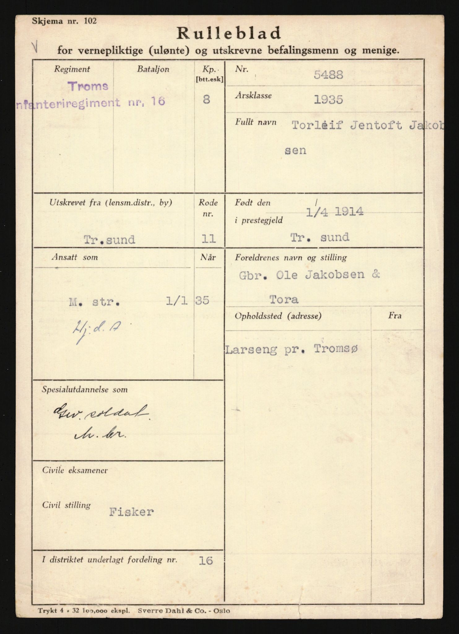 Forsvaret, Troms infanteriregiment nr. 16, AV/RA-RAFA-3146/P/Pa/L0019: Rulleblad for regimentets menige mannskaper, årsklasse 1935, 1935, p. 497