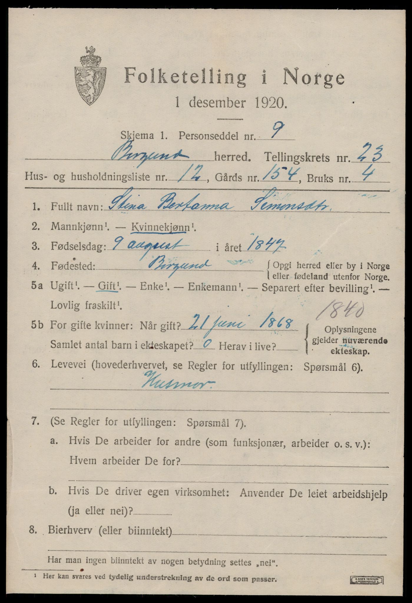 SAT, 1920 census for Borgund, 1920, p. 16512