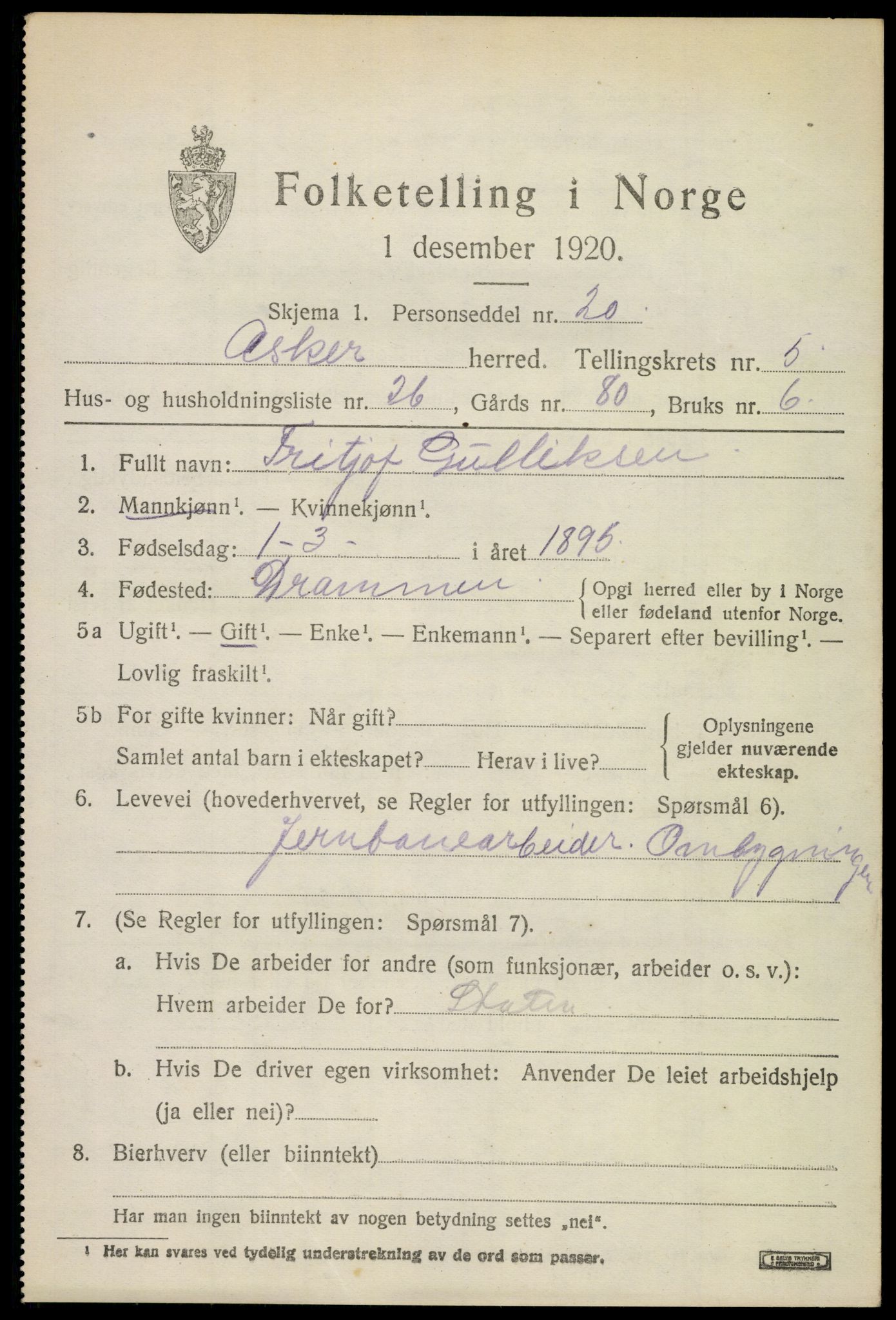 SAO, 1920 census for Asker, 1920, p. 12638