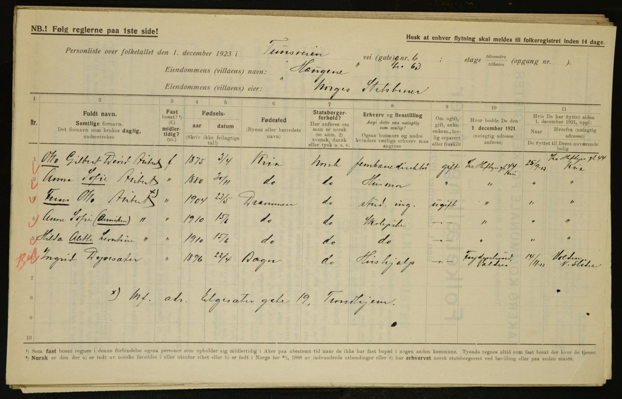 , Municipal Census 1923 for Aker, 1923, p. 6576