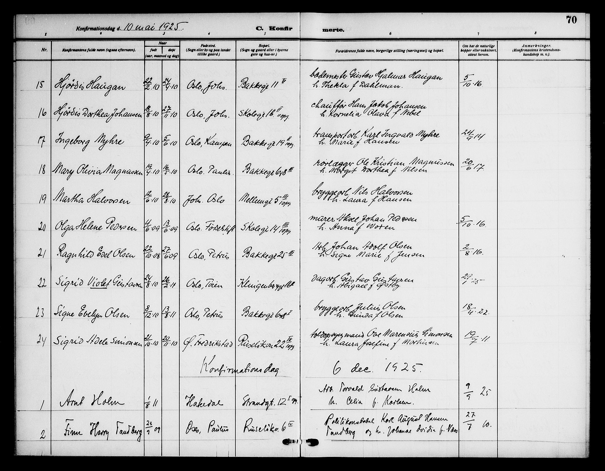 Piperviken prestekontor Kirkebøker, AV/SAO-A-10874/F/L0001: Parish register (official) no. 1, 1911-1958, p. 70