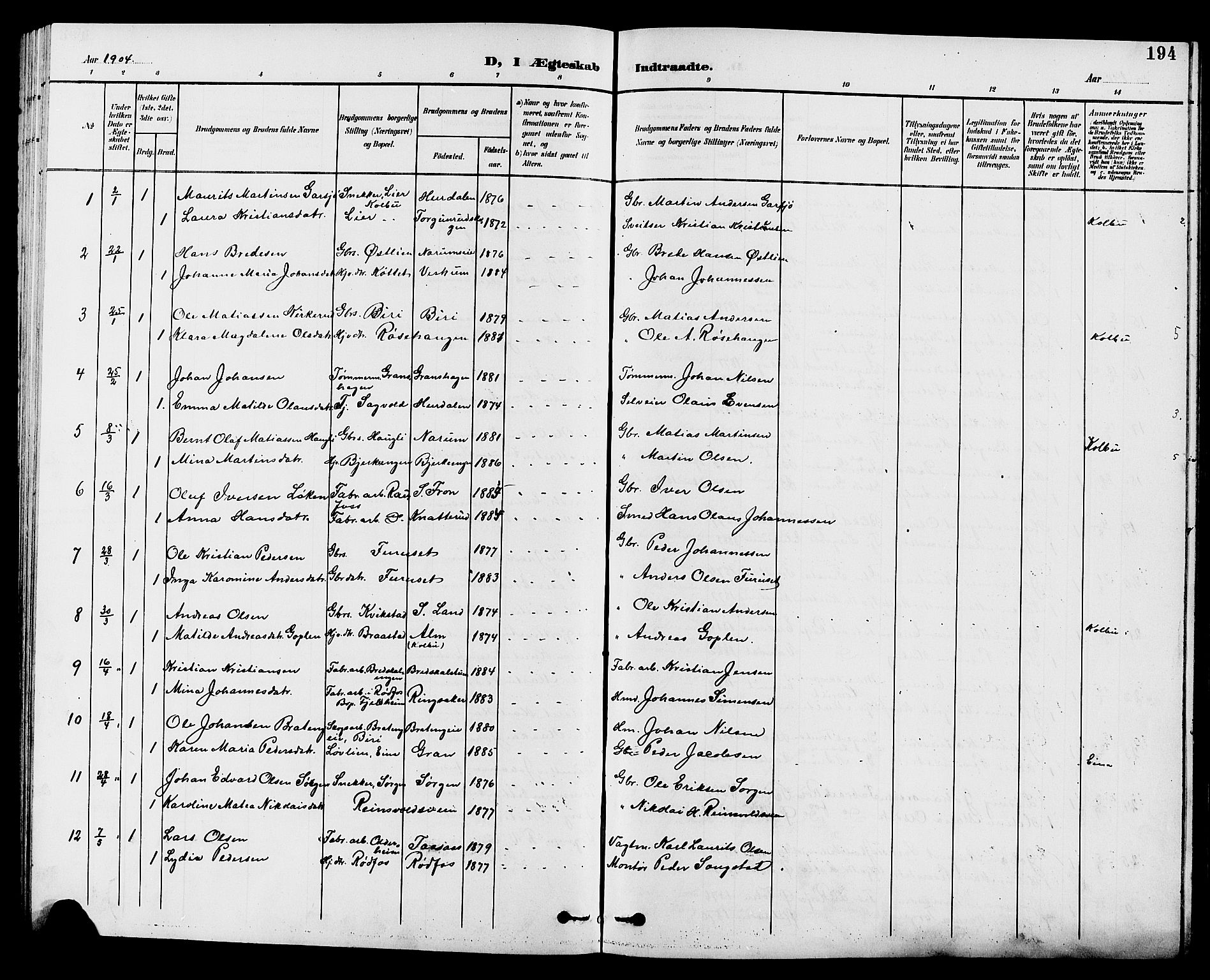 Vestre Toten prestekontor, SAH/PREST-108/H/Ha/Hab/L0010: Parish register (copy) no. 10, 1900-1912, p. 194
