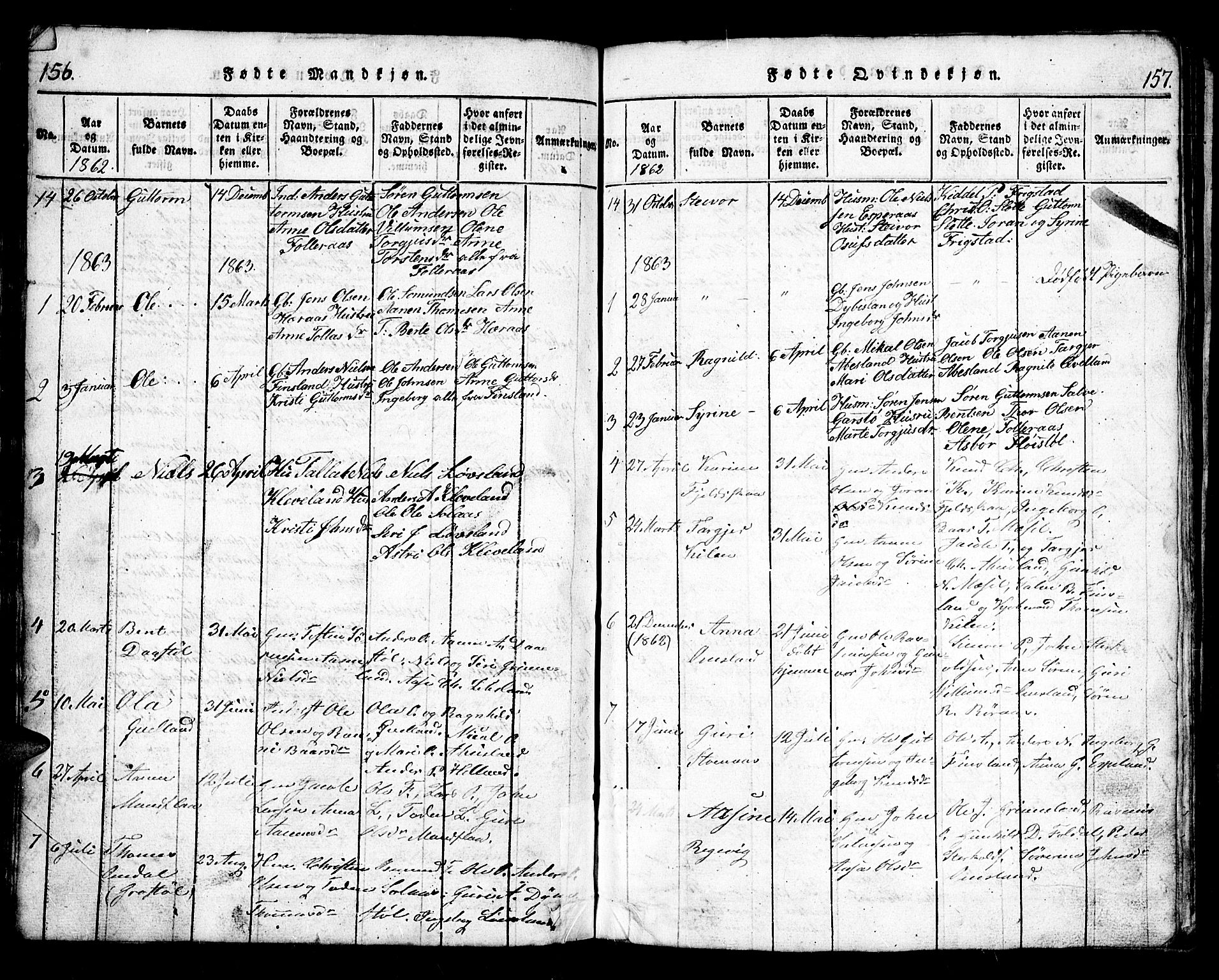 Bjelland sokneprestkontor, AV/SAK-1111-0005/F/Fb/Fbb/L0003: Parish register (copy) no. B 3, 1816-1868, p. 156-157