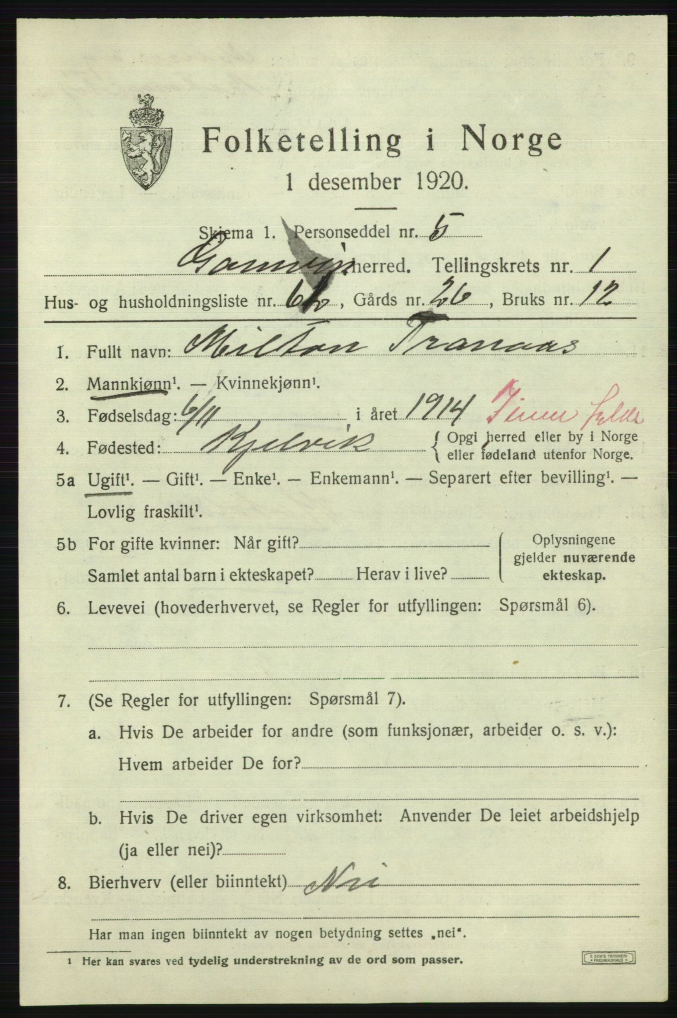 SATØ, 1920 census for Gamvik, 1920, p. 1512