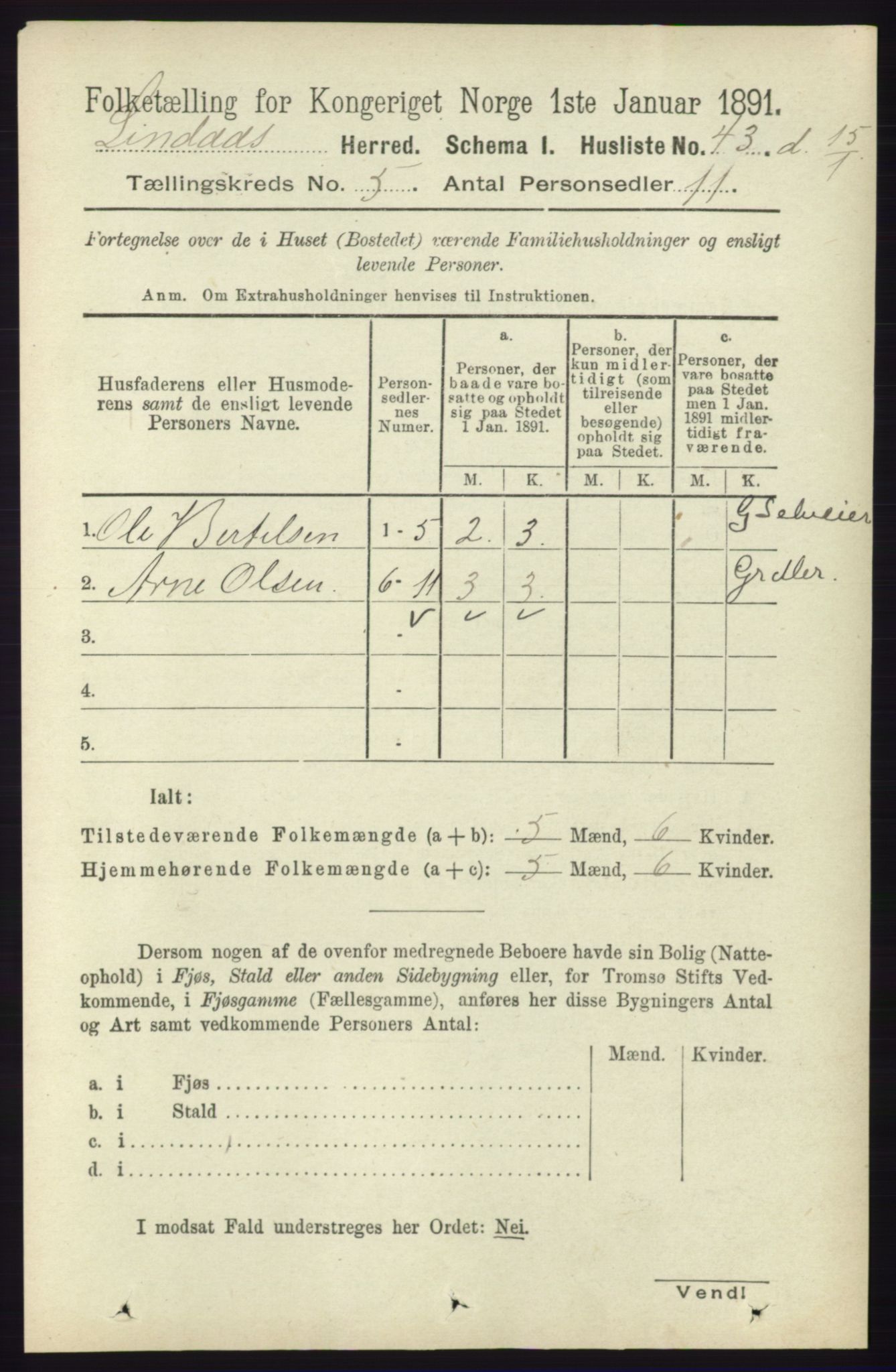 RA, 1891 census for 1263 Lindås, 1891, p. 1439