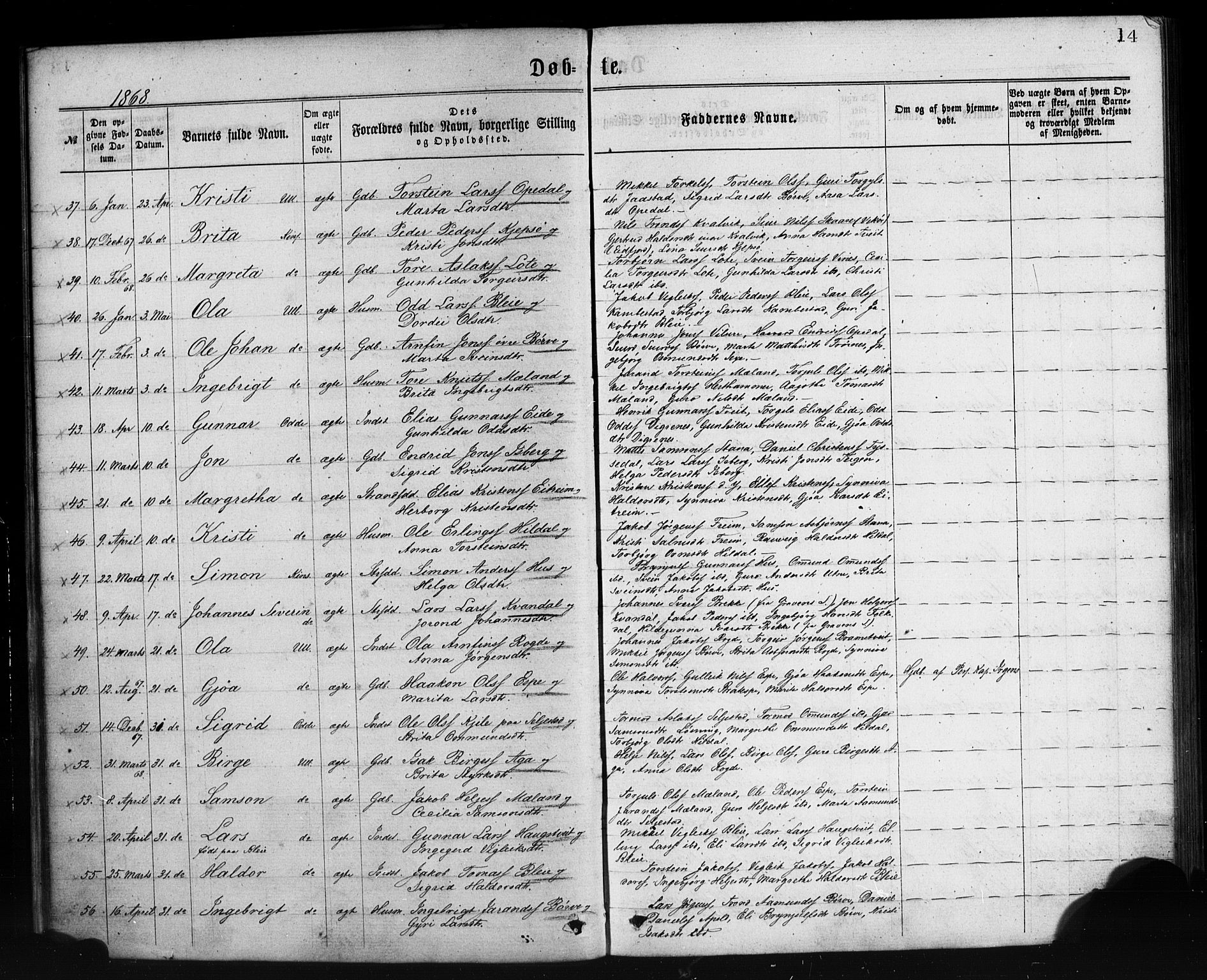Ullensvang sokneprestembete, SAB/A-78701/H/Haa: Parish register (official) no. A 12, 1867-1881, p. 14