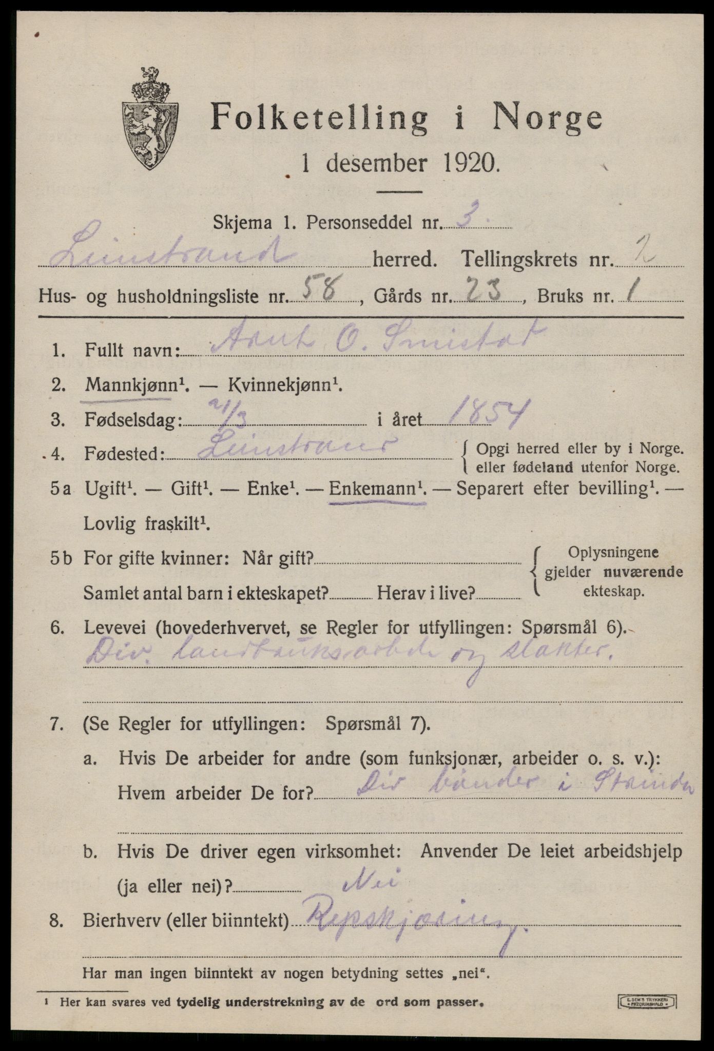 SAT, 1920 census for Leinstrand, 1920, p. 2275