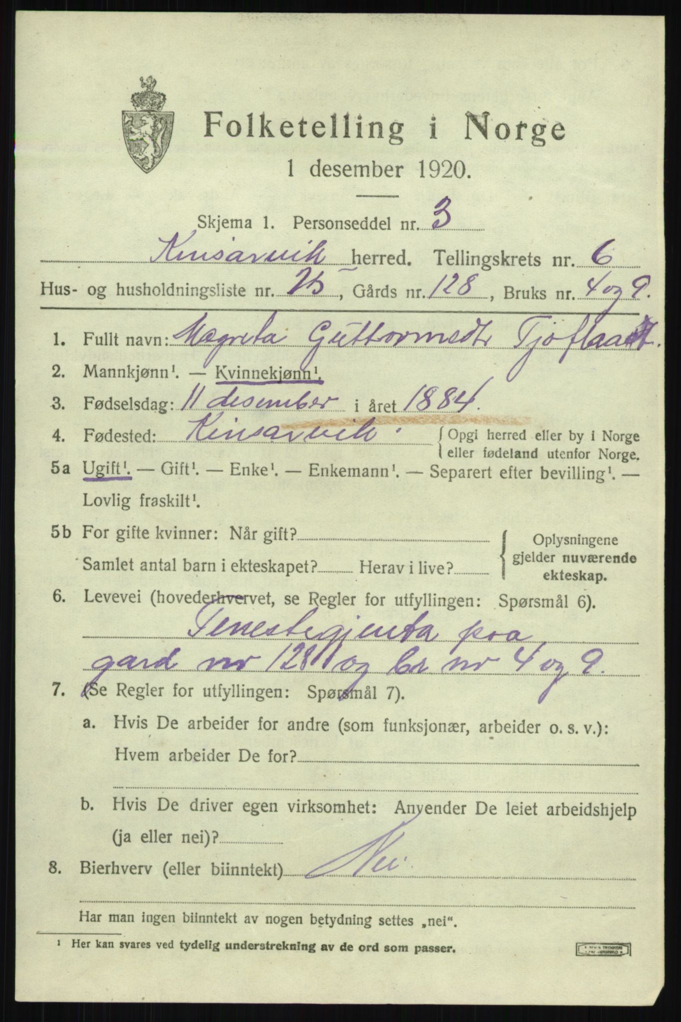 SAB, 1920 census for Kinsarvik, 1920, p. 3150