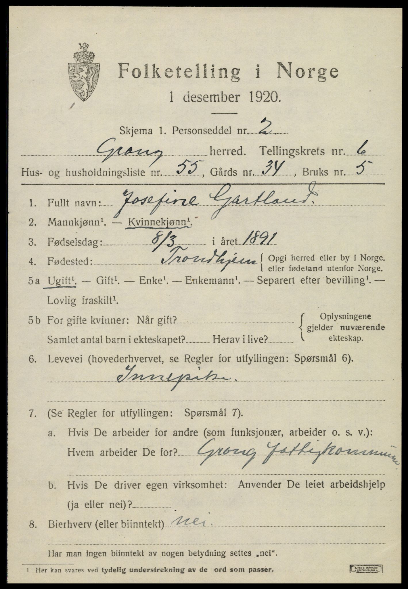 SAT, 1920 census for Grong, 1920, p. 4113