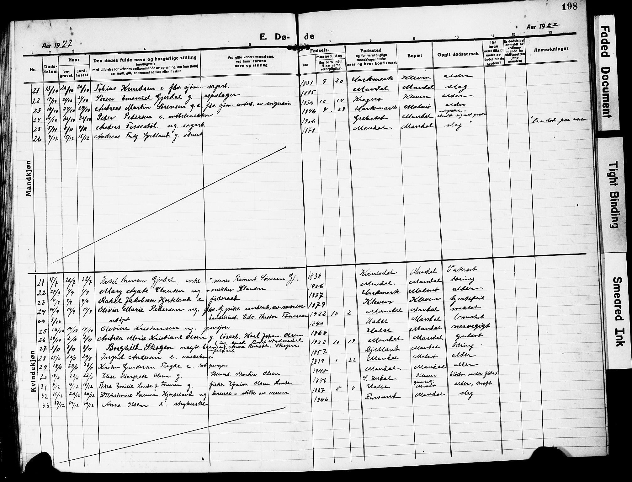 Mandal sokneprestkontor, SAK/1111-0030/F/Fb/Fbc/L0001: Parish register (copy) no. B 1, 1918-1931, p. 198