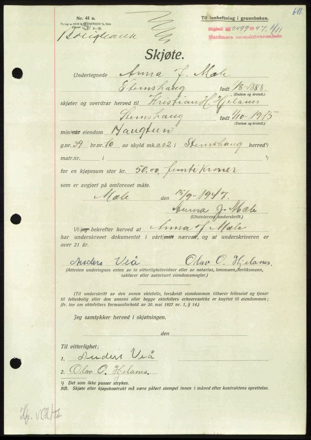 Nordmøre sorenskriveri, AV/SAT-A-4132/1/2/2Ca: Mortgage book no. A106, 1947-1947, Diary no: : 2499/1947