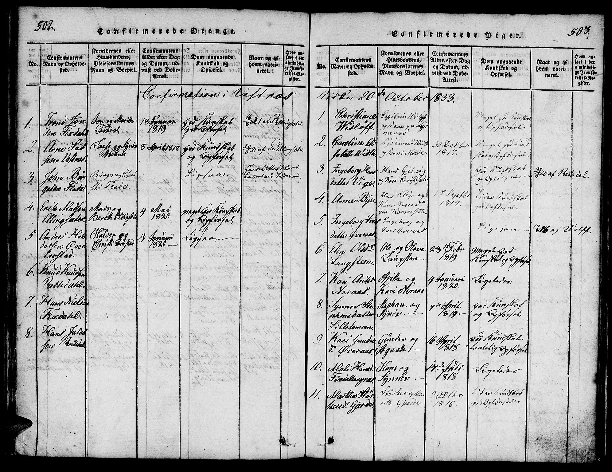 Ministerialprotokoller, klokkerbøker og fødselsregistre - Møre og Romsdal, SAT/A-1454/539/L0528: Parish register (official) no. 539A01, 1818-1847, p. 502-503