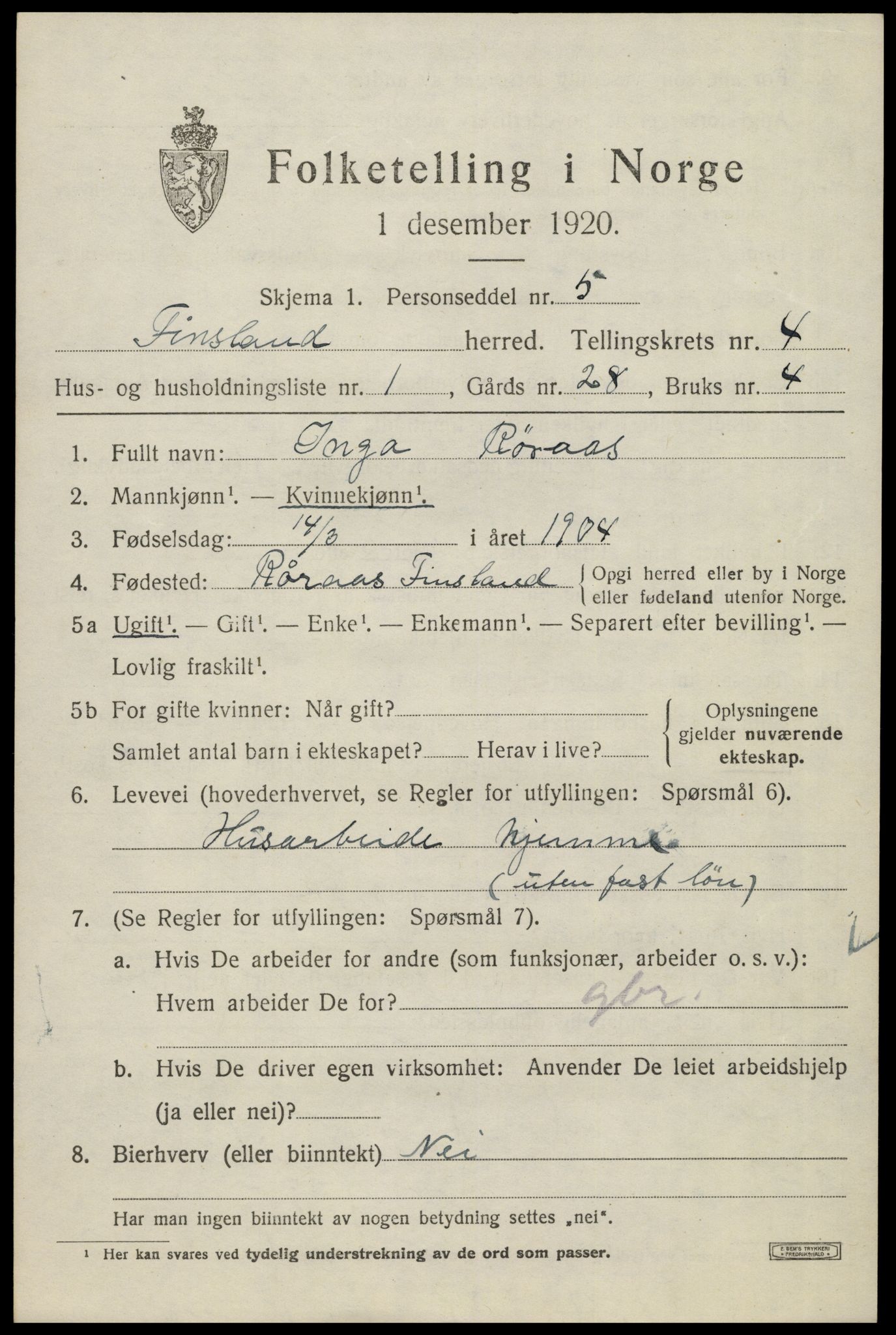 SAK, 1920 census for Finsland, 1920, p. 1610
