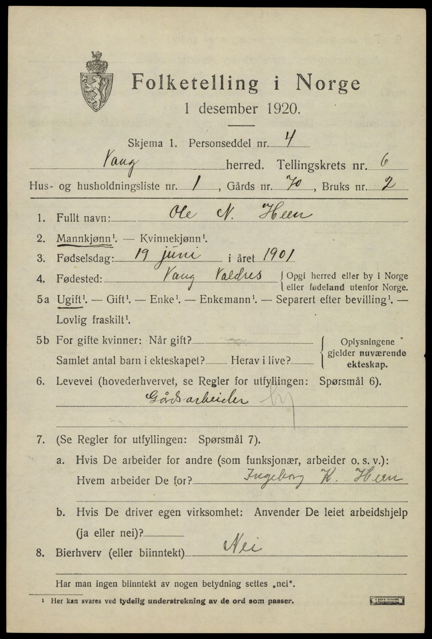 SAH, 1920 census for Vang (Oppland), 1920, p. 2635