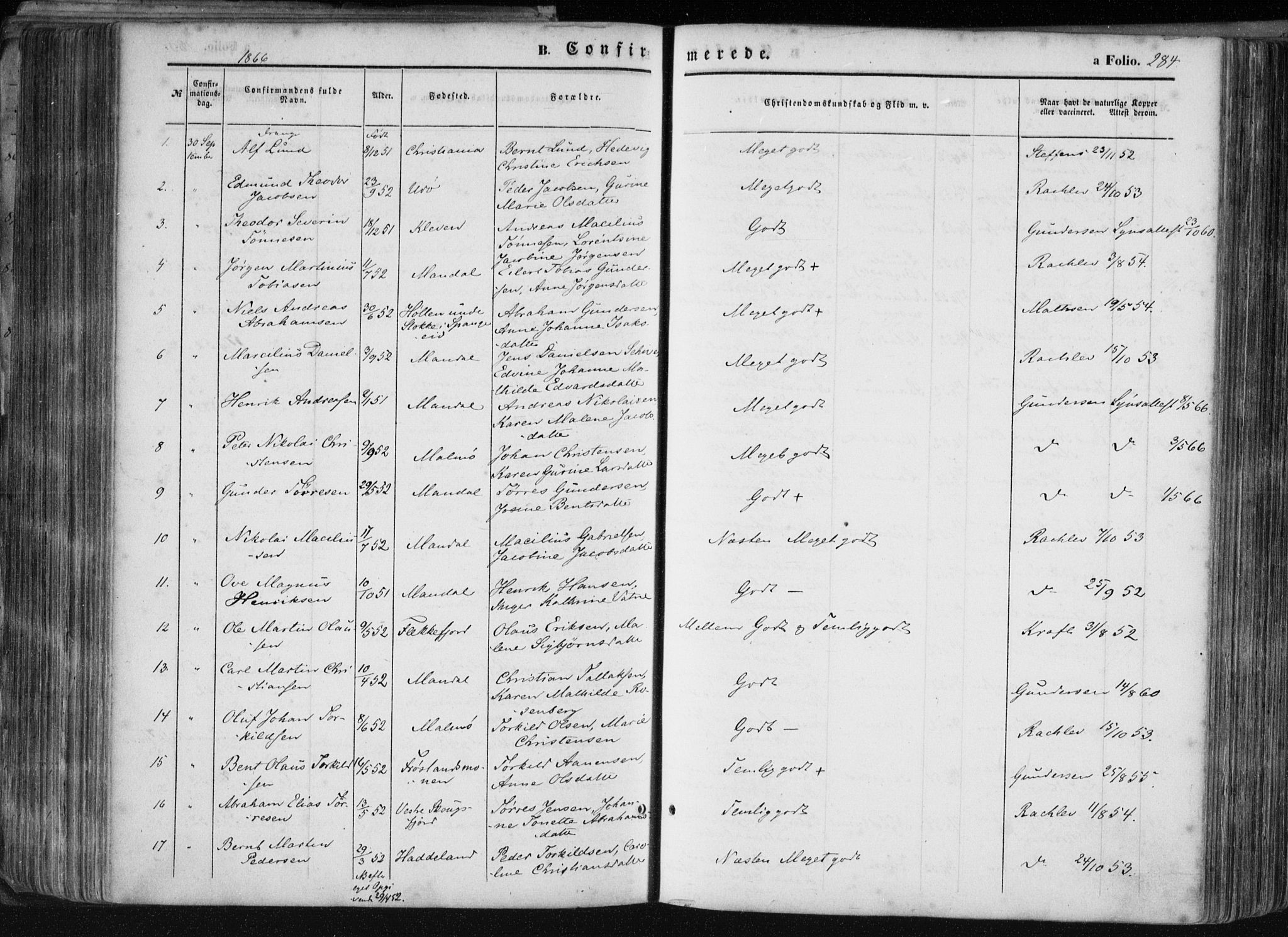 Mandal sokneprestkontor, AV/SAK-1111-0030/F/Fa/Faa/L0014: Parish register (official) no. A 14, 1859-1872, p. 284