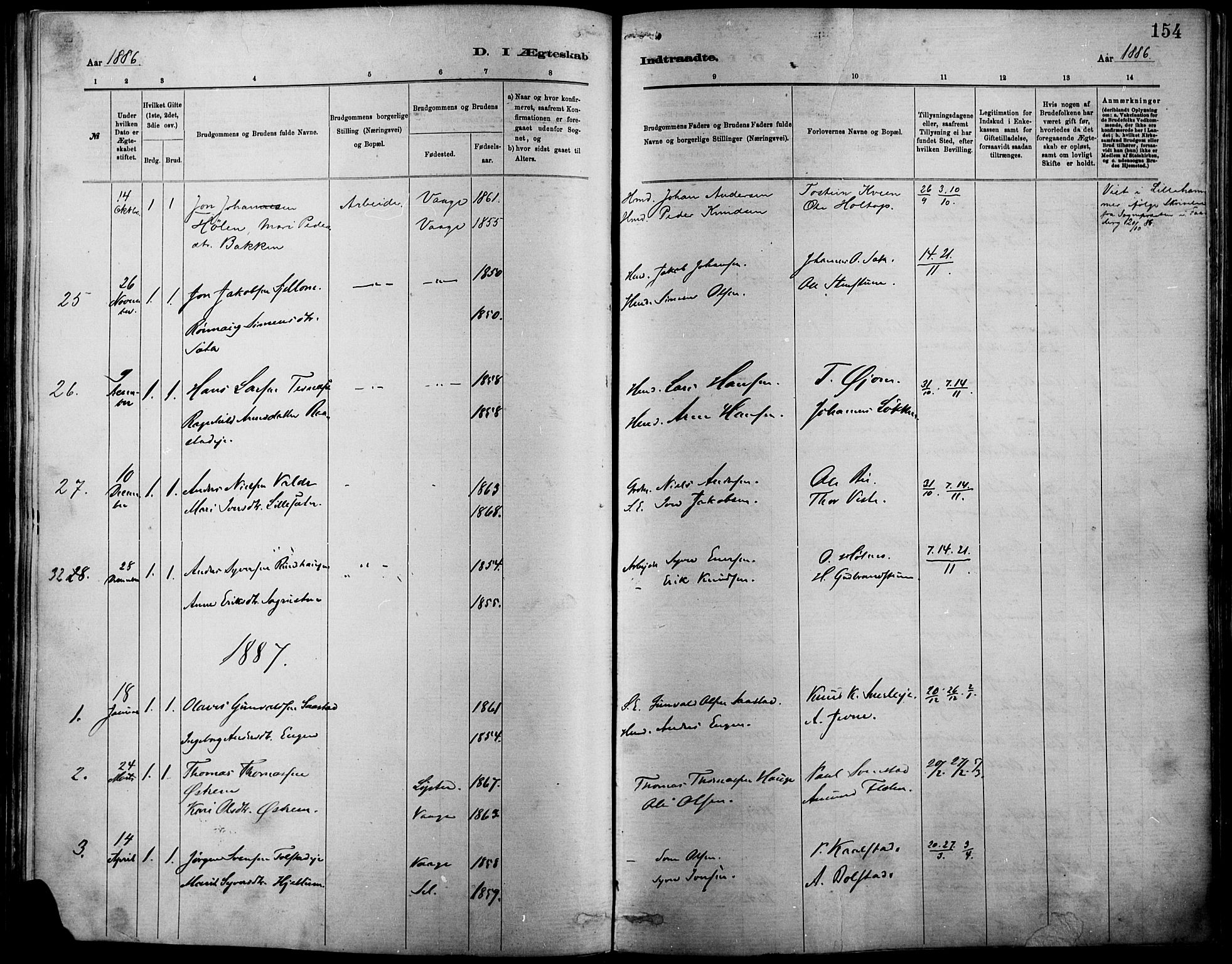 Vågå prestekontor, SAH/PREST-076/H/Ha/Haa/L0009: Parish register (official) no. 9, 1886-1904, p. 154