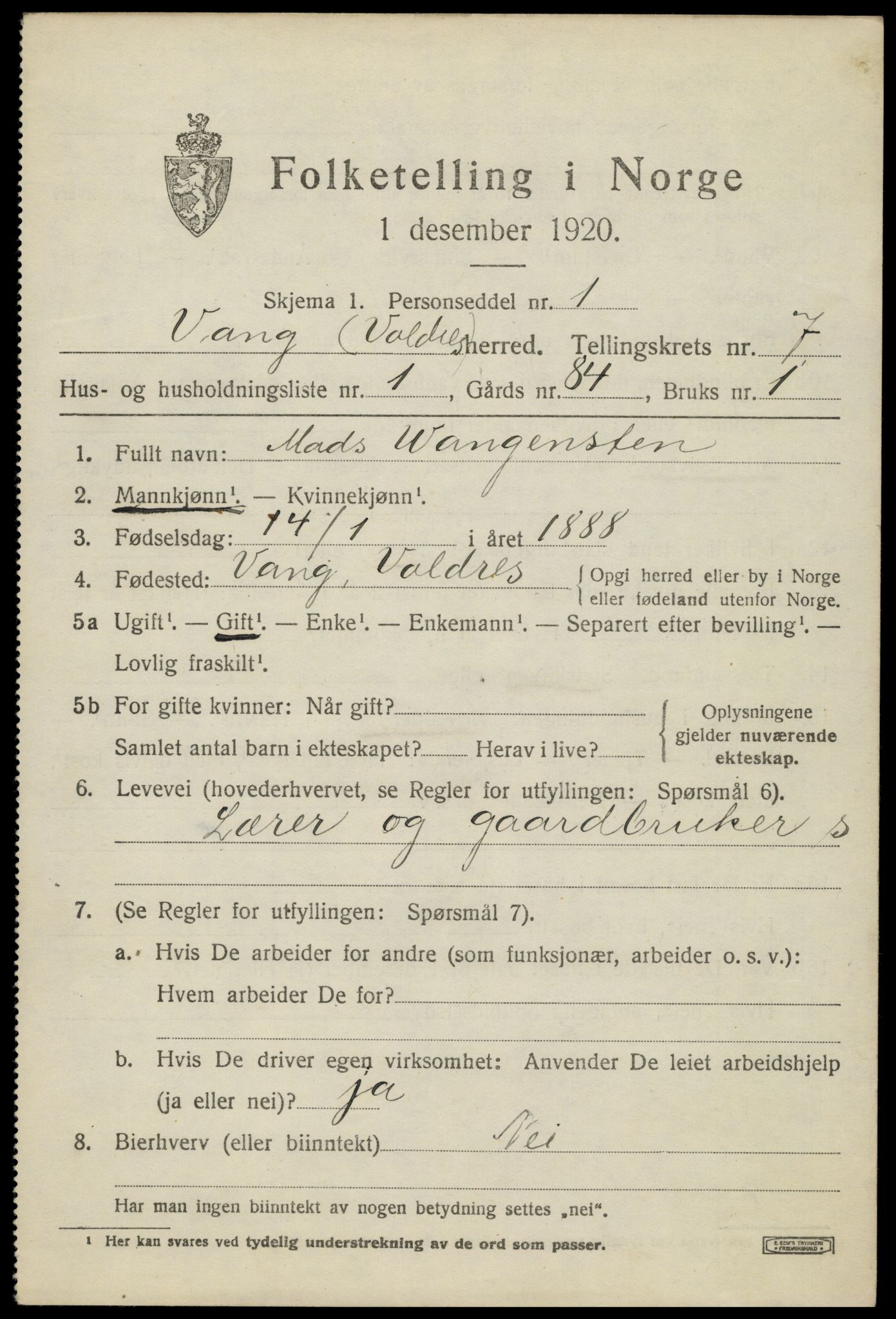SAH, 1920 census for Vang (Oppland), 1920, p. 3083