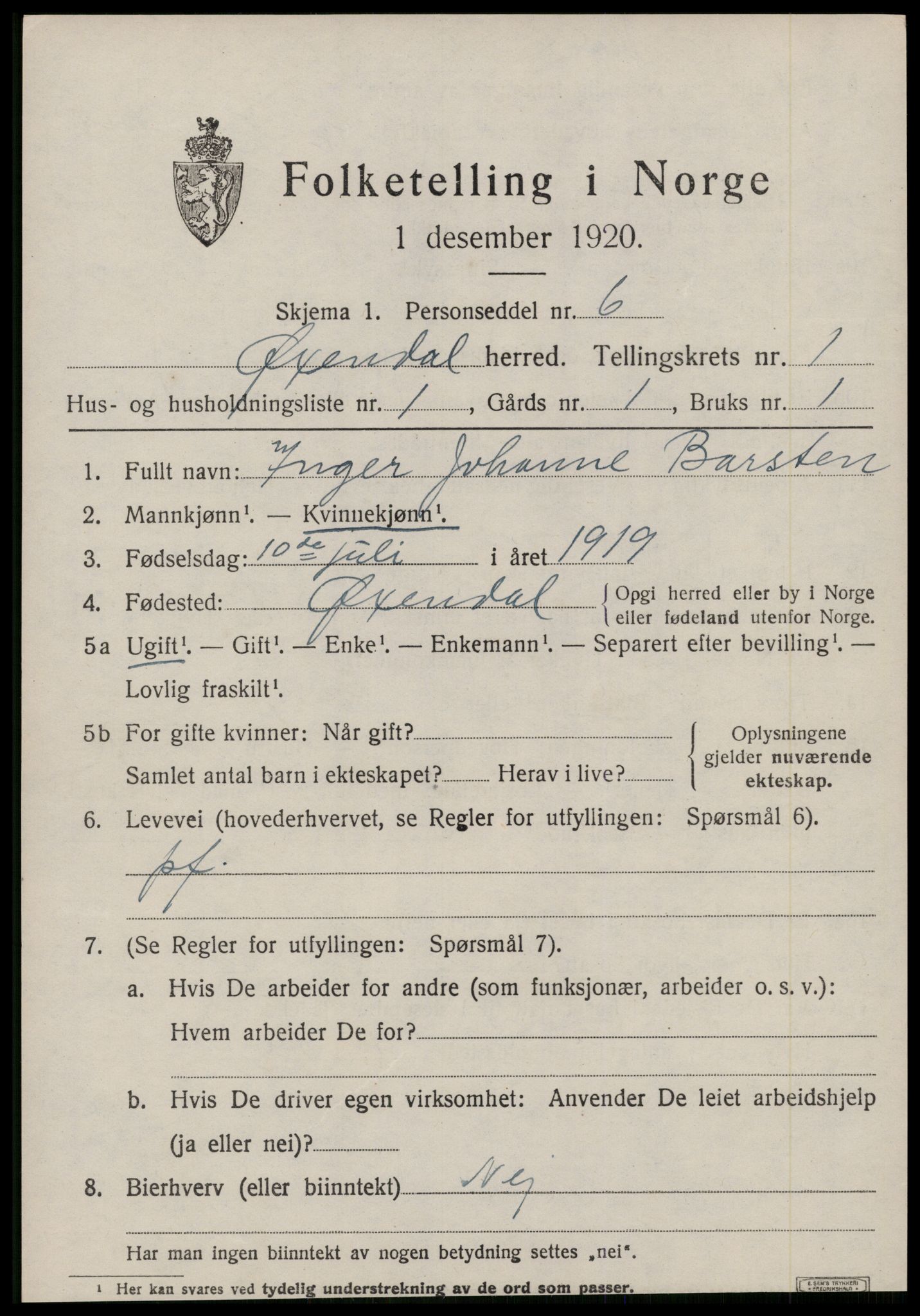 SAT, 1920 census for Øksendal, 1920, p. 249