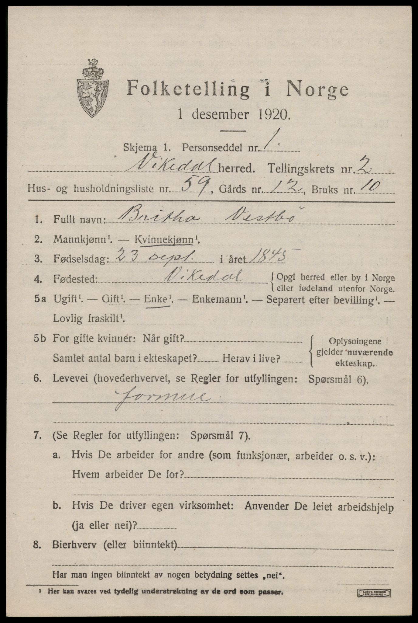 SAST, 1920 census for Vikedal, 1920, p. 1819