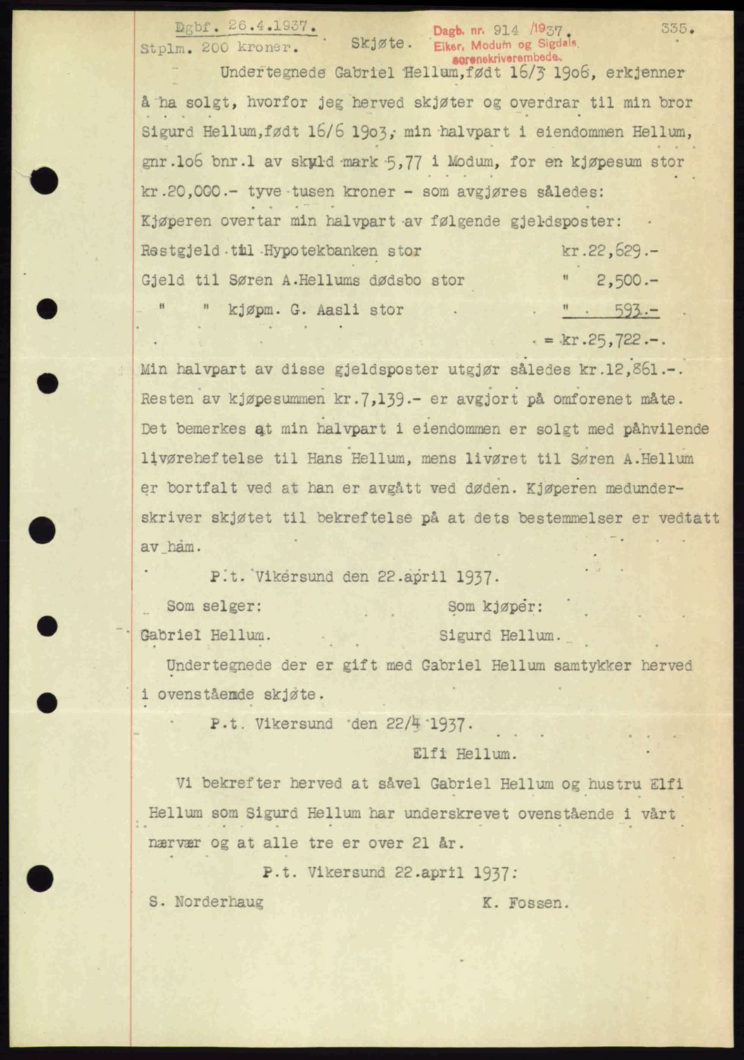 Eiker, Modum og Sigdal sorenskriveri, SAKO/A-123/G/Ga/Gab/L0035: Mortgage book no. A5, 1937-1937, Diary no: : 914/1937