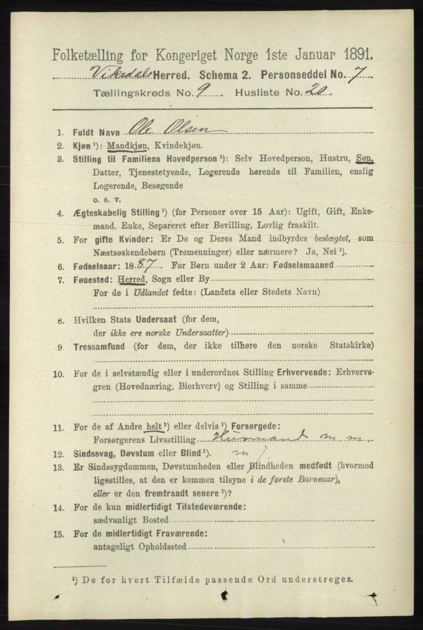 RA, 1891 census for 1157 Vikedal, 1891, p. 2460