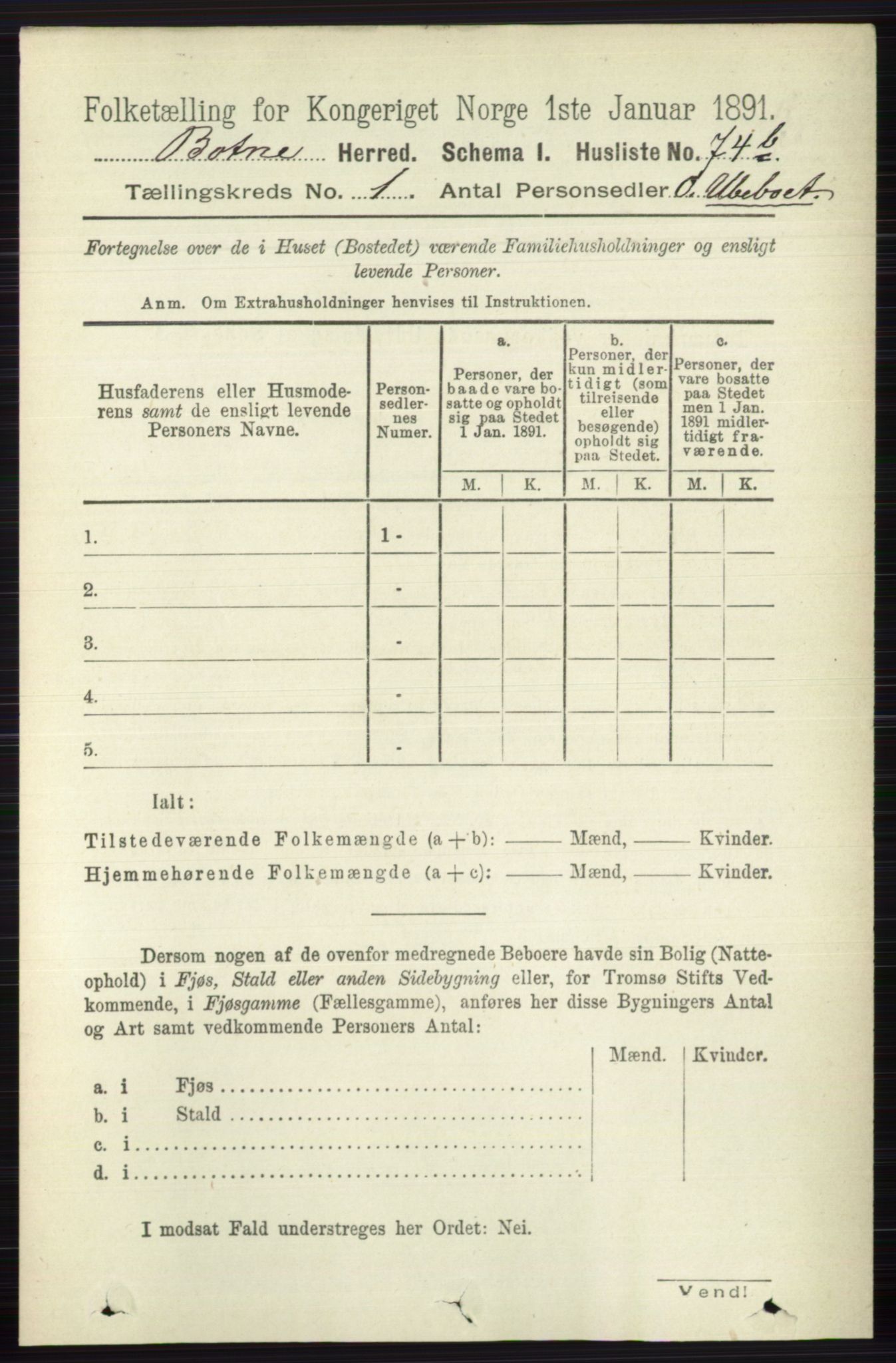 RA, 1891 census for 0715 Botne, 1891, p. 97