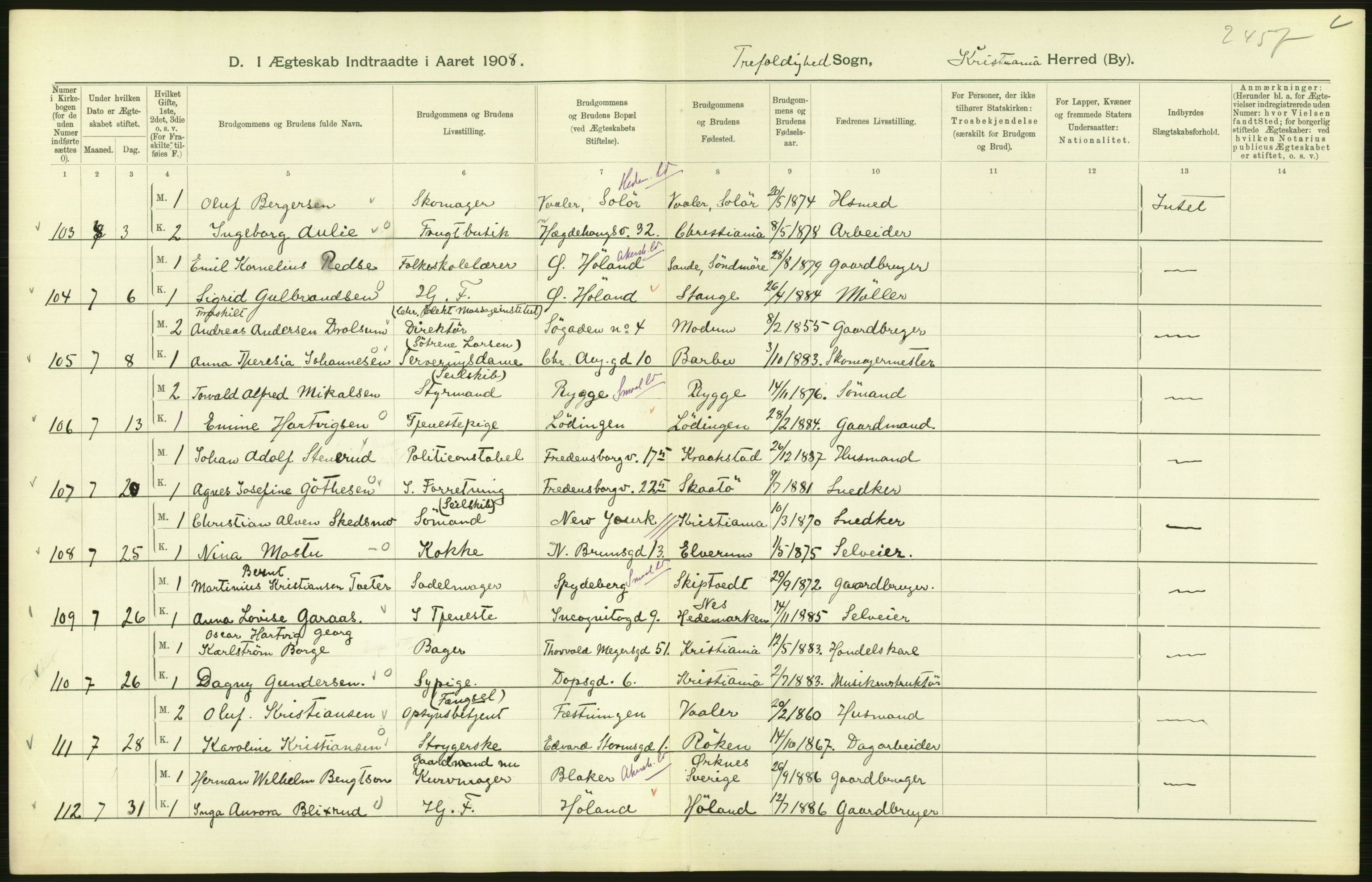 Statistisk sentralbyrå, Sosiodemografiske emner, Befolkning, AV/RA-S-2228/D/Df/Dfa/Dfaf/L0007: Kristiania: Gifte, 1908, p. 426