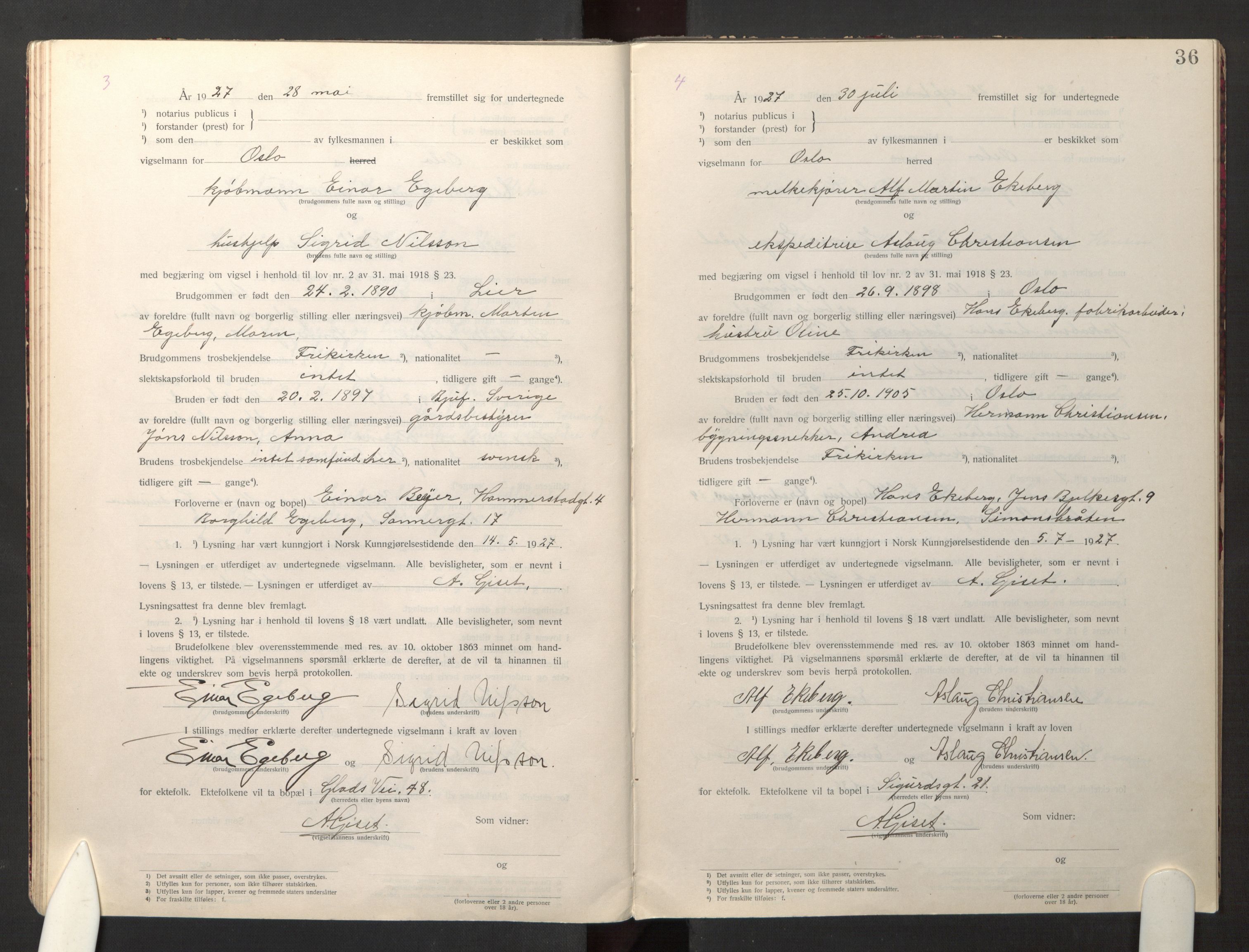 Den evangelisk-lutherske frikirke østre menighet, Oslo, AV/SAO-PAO-0245/F/L0005: Marriage register (dissenter) no. 5, 1920-1941, p. 36