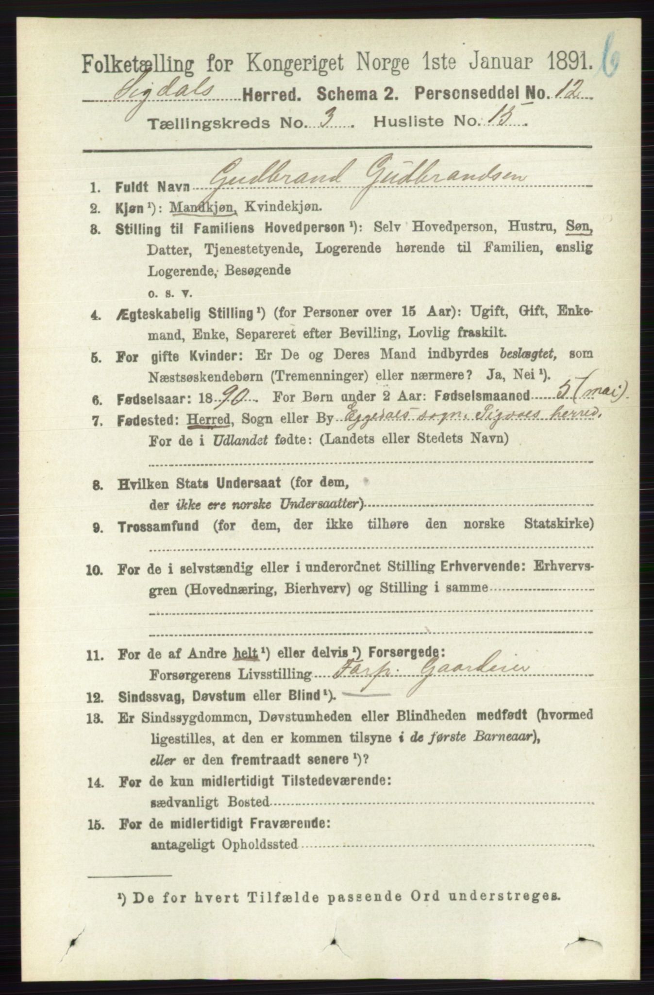 RA, 1891 census for 0621 Sigdal, 1891, p. 4398