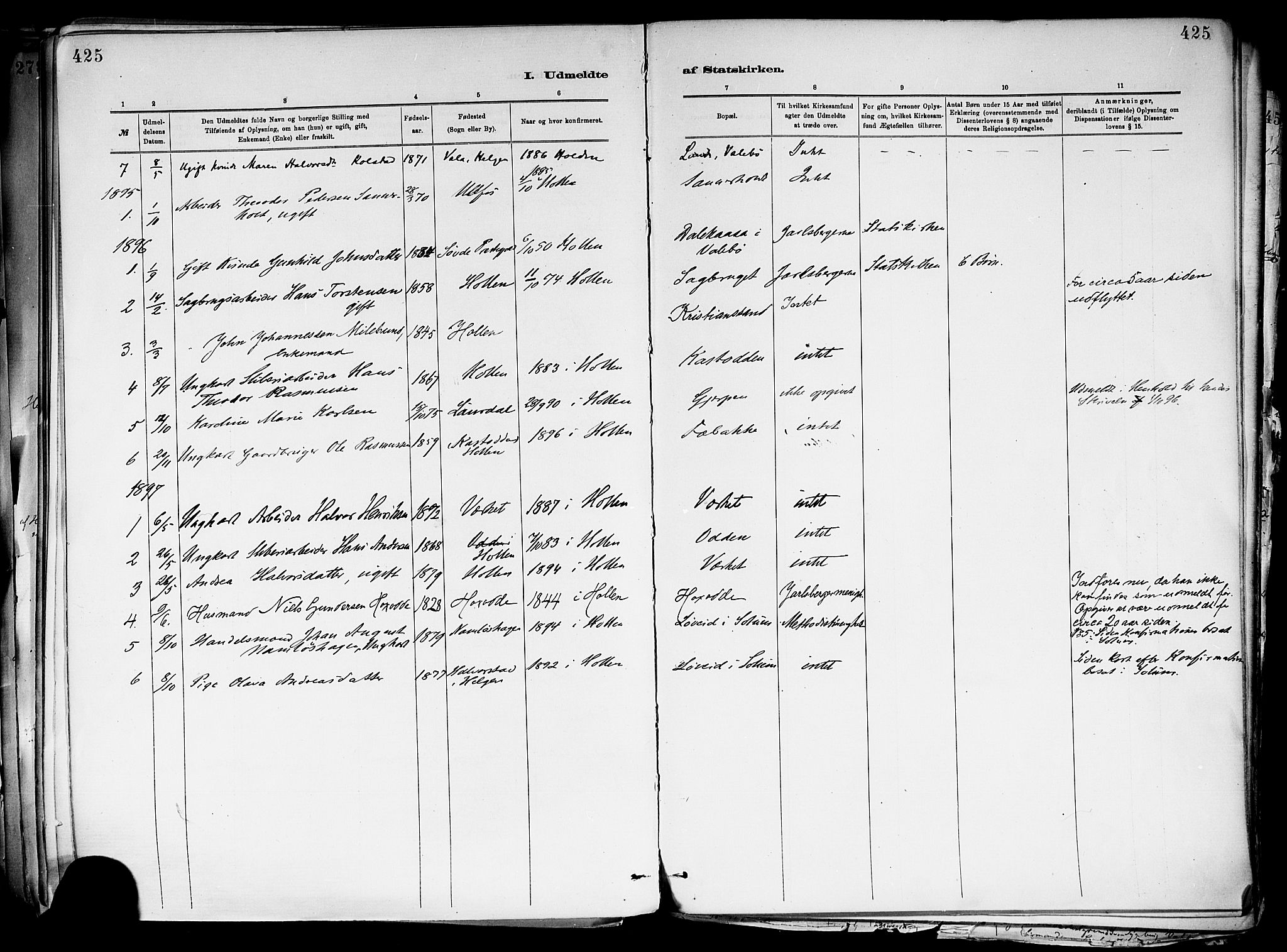 Holla kirkebøker, AV/SAKO-A-272/F/Fa/L0008: Parish register (official) no. 8, 1882-1897, p. 425