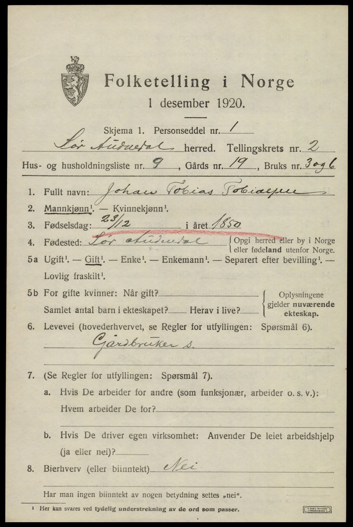 SAK, 1920 census for Sør-Audnedal, 1920, p. 1639