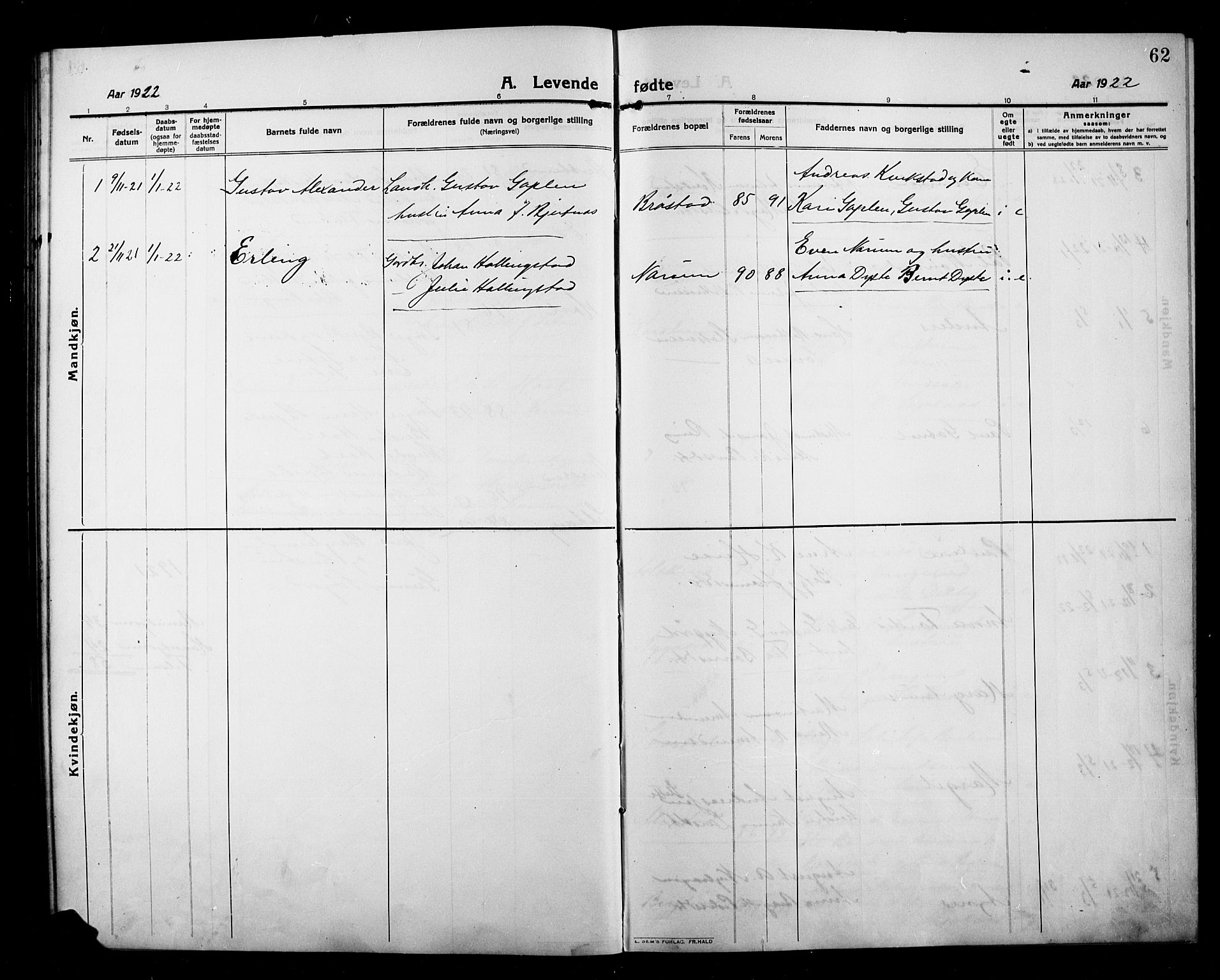 Kolbu prestekontor, SAH/PREST-110/H/Ha/Hab/L0001: Parish register (copy) no. 1, 1912-1925, p. 62