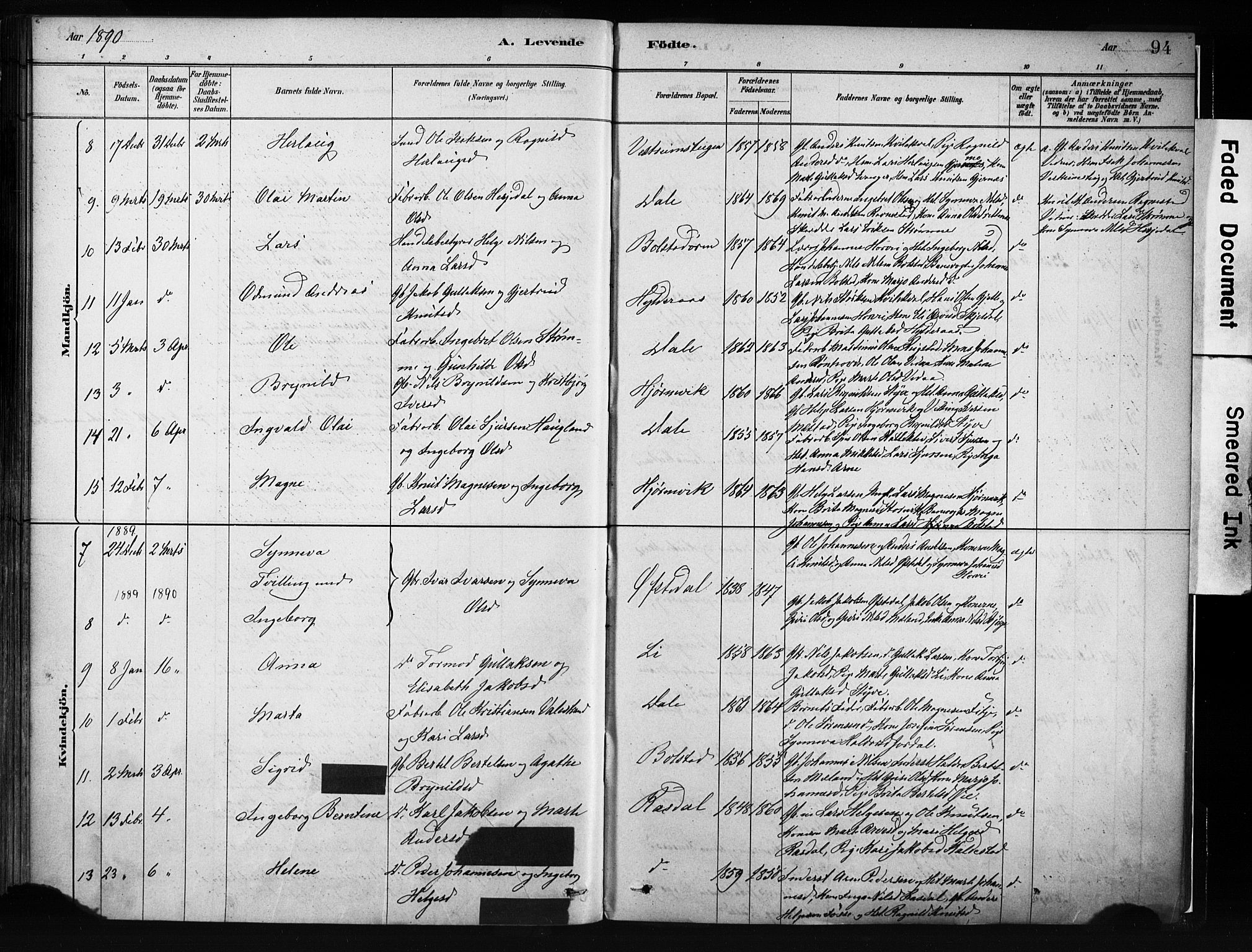 Evanger sokneprestembete, SAB/A-99924: Parish register (official) no. A 1, 1877-1899, p. 94