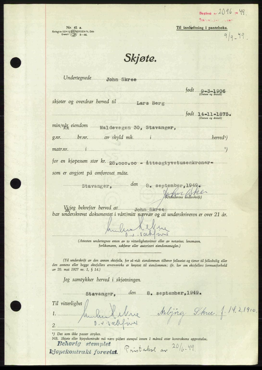 Stavanger byrett, SAST/A-100455/002/G/Gb/L0023: Mortgage book no. A12, 1948-1949, Diary no: : 2096/1949