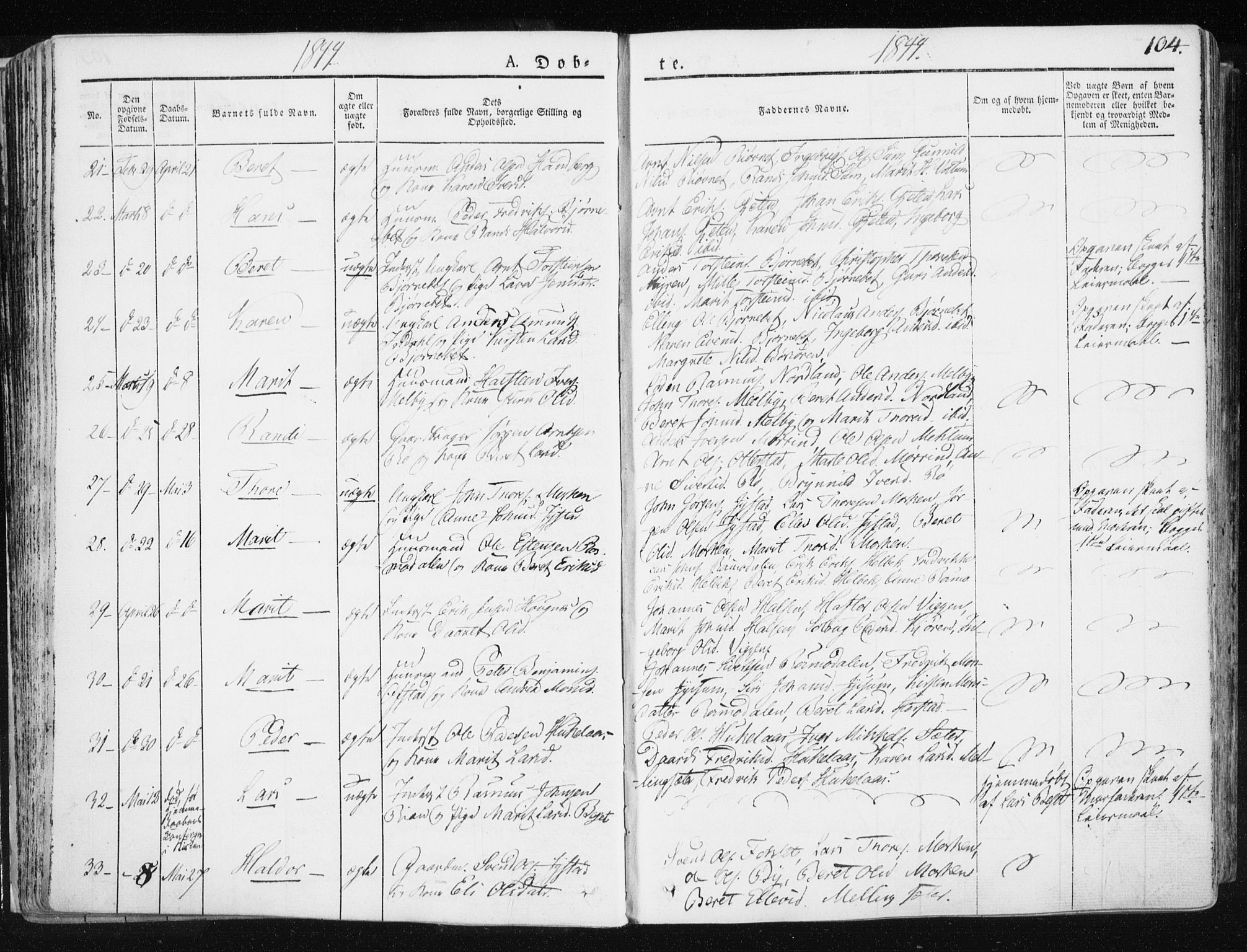 Ministerialprotokoller, klokkerbøker og fødselsregistre - Sør-Trøndelag, SAT/A-1456/665/L0771: Parish register (official) no. 665A06, 1830-1856, p. 104