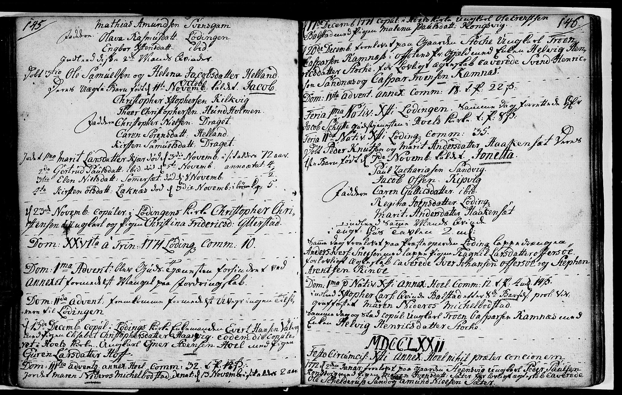 Ministerialprotokoller, klokkerbøker og fødselsregistre - Nordland, SAT/A-1459/872/L1029: Parish register (official) no. 872A04, 1765-1787, p. 145-146