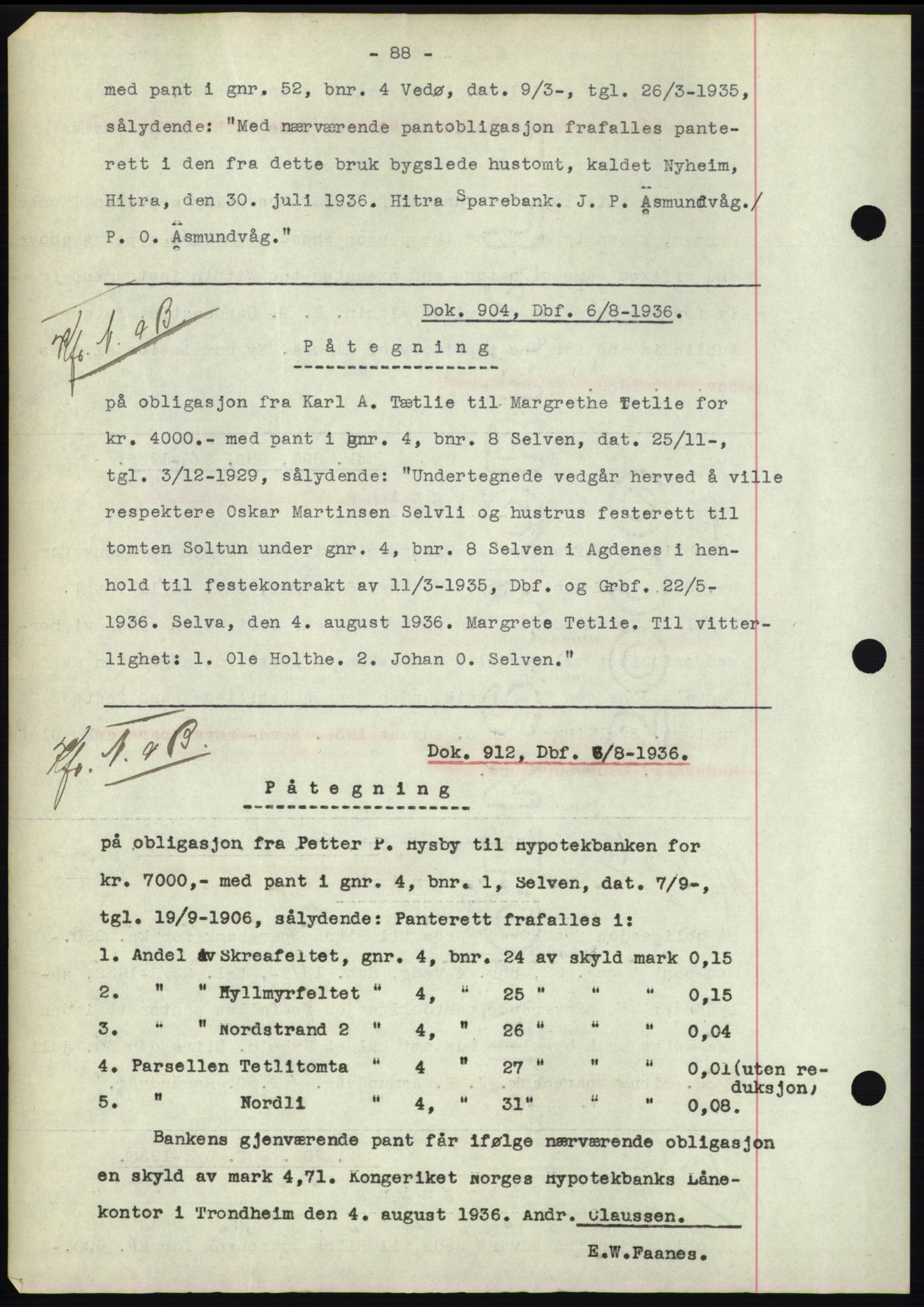 Hitra sorenskriveri, AV/SAT-A-0018/2/2C/2Ca: Mortgage book no. C1, 1936-1945, Diary no: : 904/1936