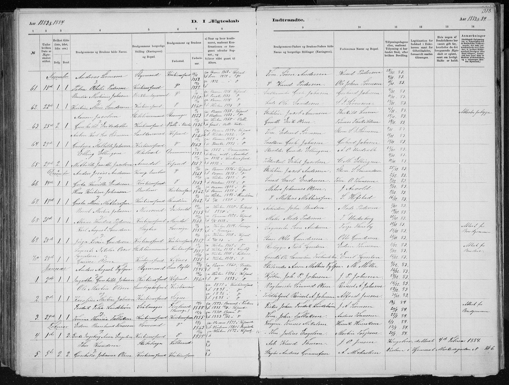Kristiansand domprosti, SAK/1112-0006/F/Fb/L0014: Parish register (copy) no. B 14, 1881-1896, p. 318