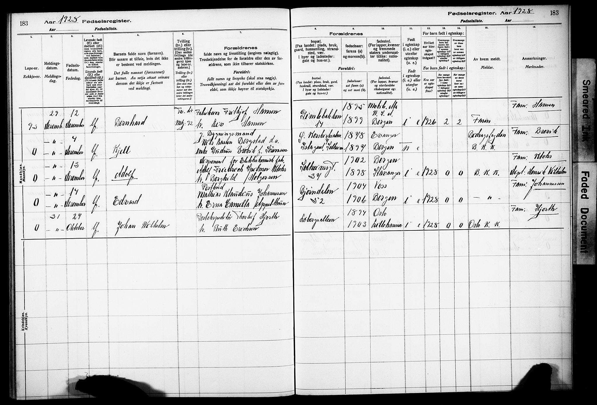 Årstad Sokneprestembete, AV/SAB-A-79301/I/Id/L0A03: Birth register no. A 3, 1924-1929, p. 183
