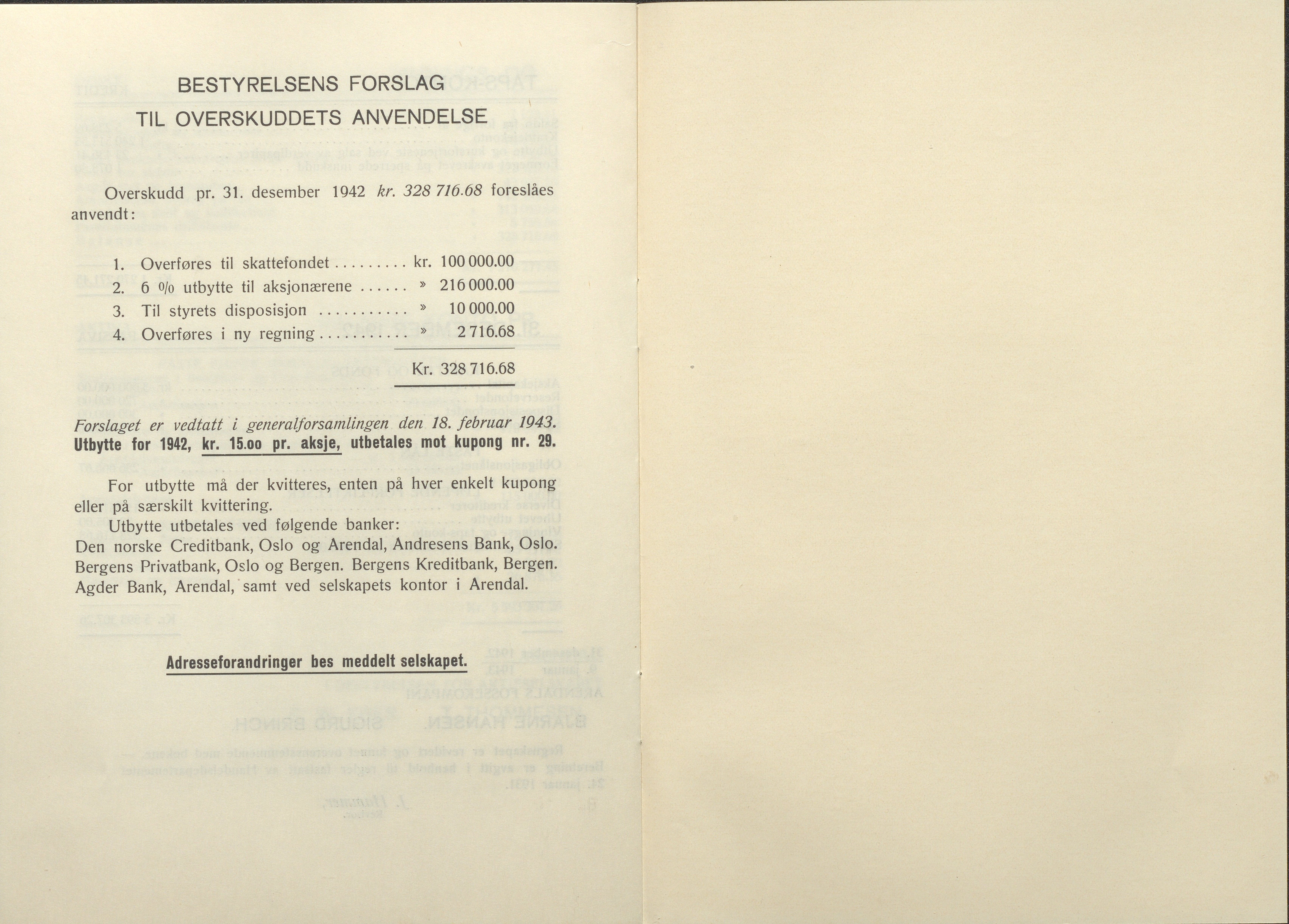 Arendals Fossekompani, AAKS/PA-2413/X/X01/L0001/0010: Beretninger, regnskap, balansekonto, gevinst- og tapskonto / Årsberetning og regnskap 1936 - 1942, 1936-1942