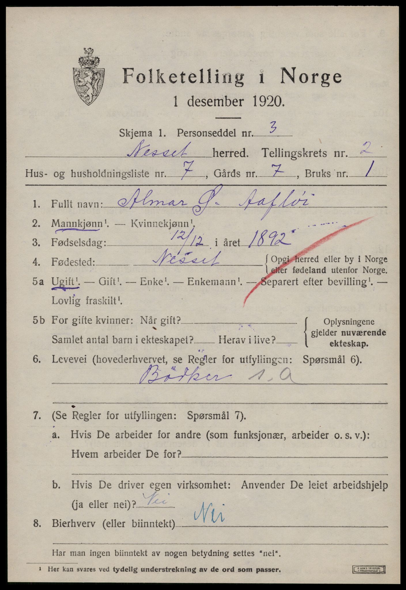 SAT, 1920 census for Nesset, 1920, p. 1090