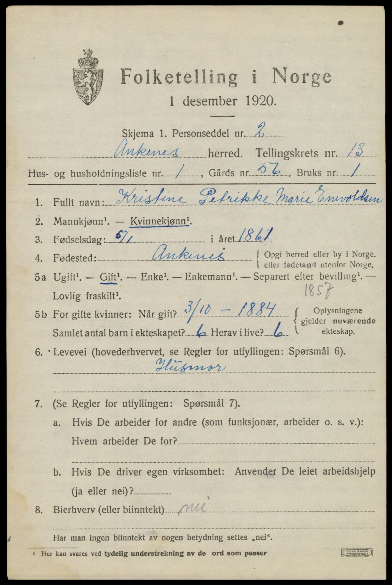 SAT, 1920 census for Ankenes, 1920, p. 6611